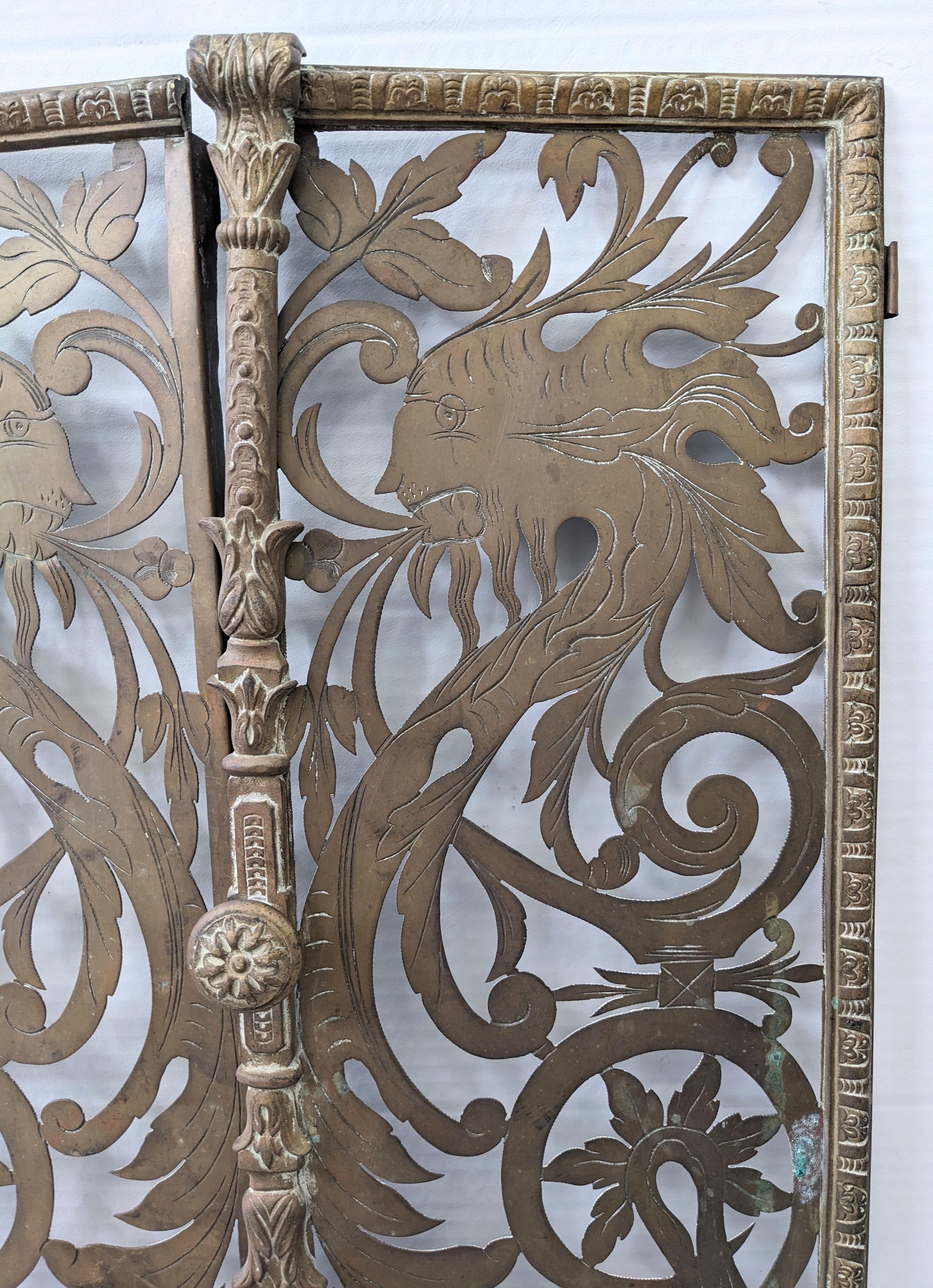 Late 19th Century Pair of Victorian Pierced and Etched Brass Griffin Motif Gates For Sale