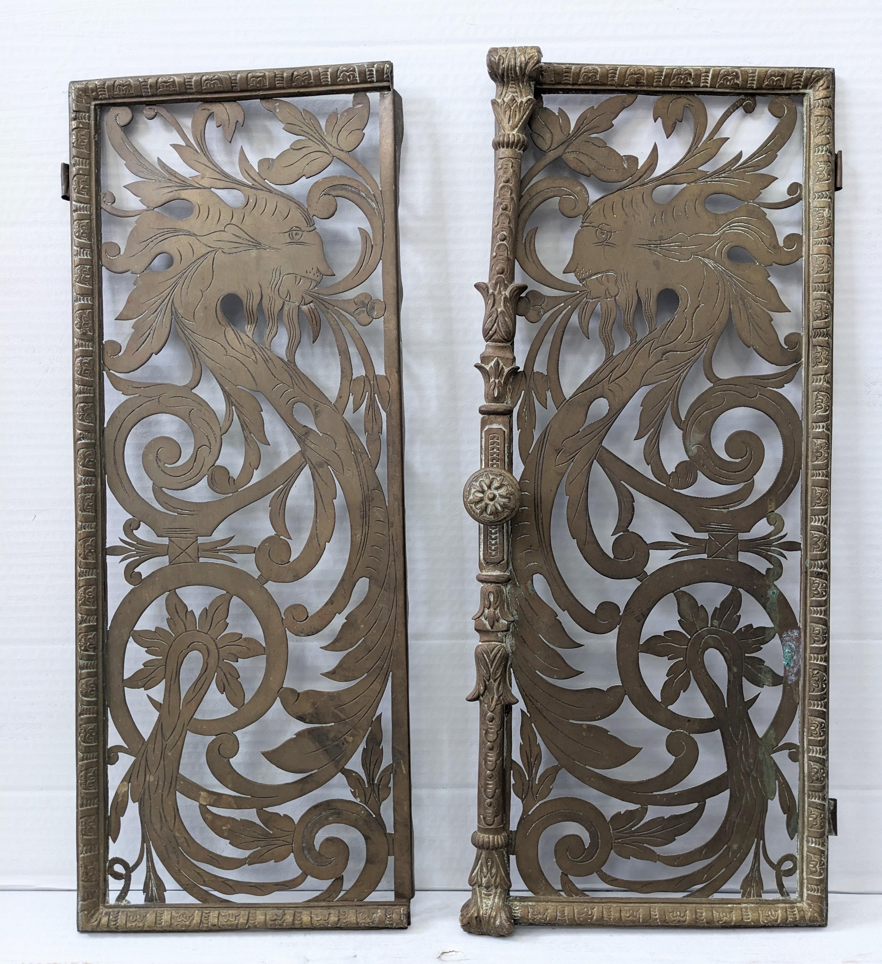 Pair of Victorian Pierced and Etched Brass Griffin Motif Gates For Sale 1
