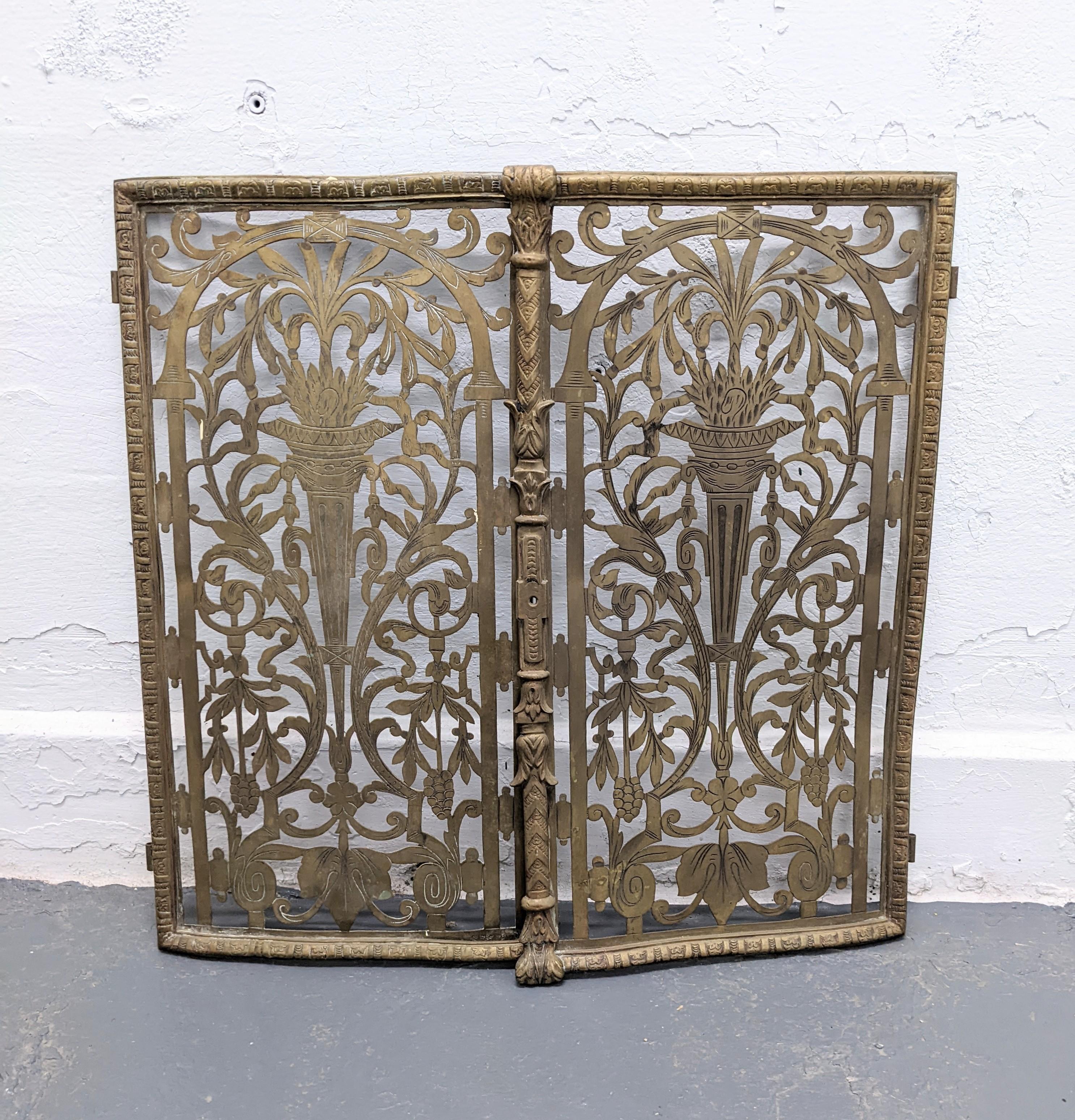 Pair of Victorian Radiator Covers or Doors ready for repurposing. Hand cut and chased with torch designs on each panel from the late 19th Century in heavy gauge brass. Heavy decoration on front panel edge.
one side 24H x 13 wide, the other side 24h