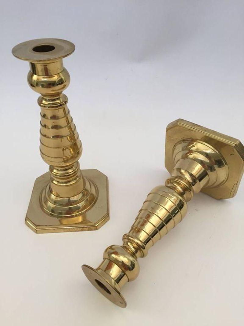 Hand-Crafted Pair of Victorian Polished Brass Candlesticks For Sale