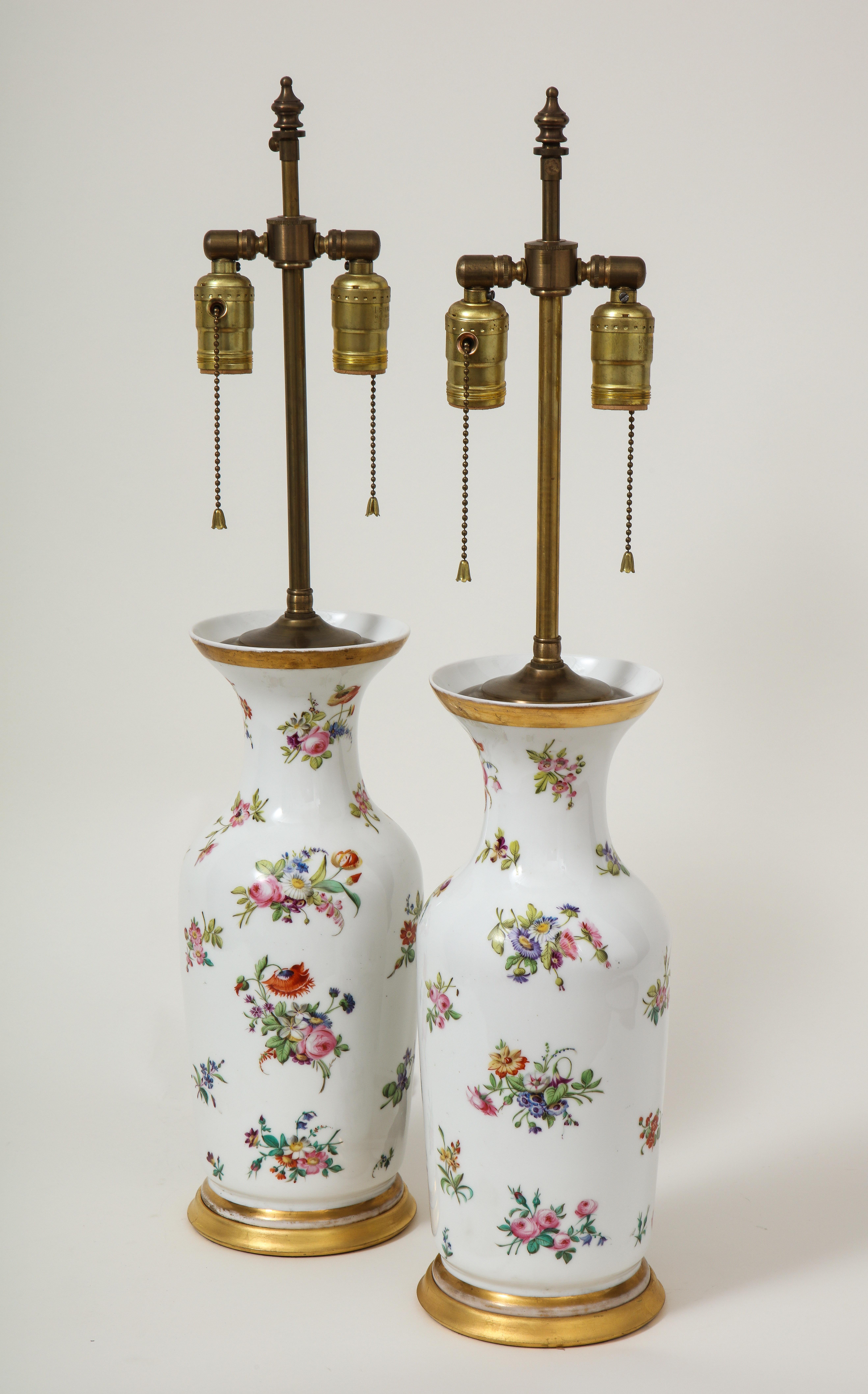 Hand-Painted Pair of Victorian Porcelain Polychrome Decorated Vases Mounted as Lamps