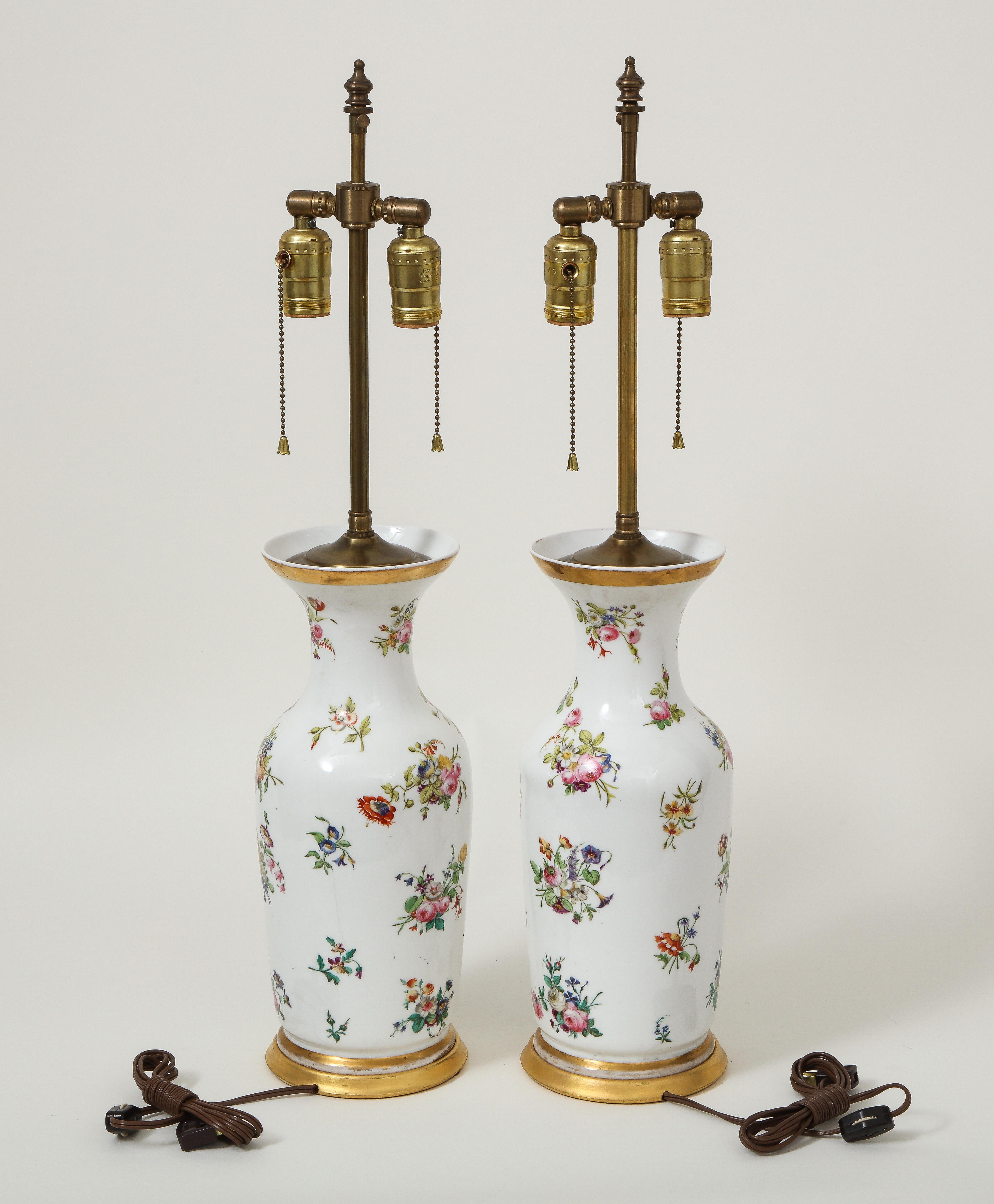 19th Century Pair of Victorian Porcelain Polychrome Decorated Vases Mounted as Lamps