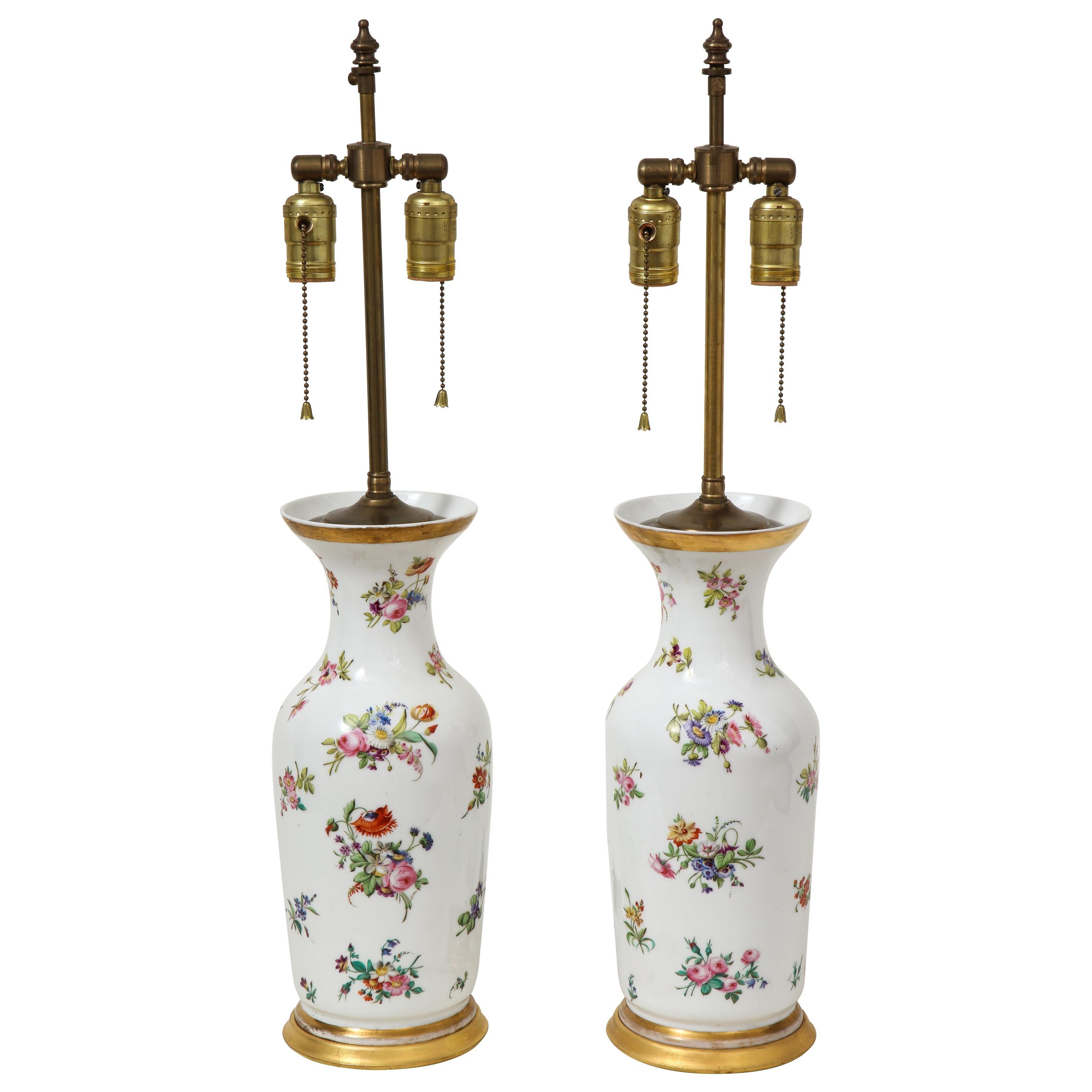 Pair of Victorian Porcelain Polychrome Decorated Vases Mounted as Lamps