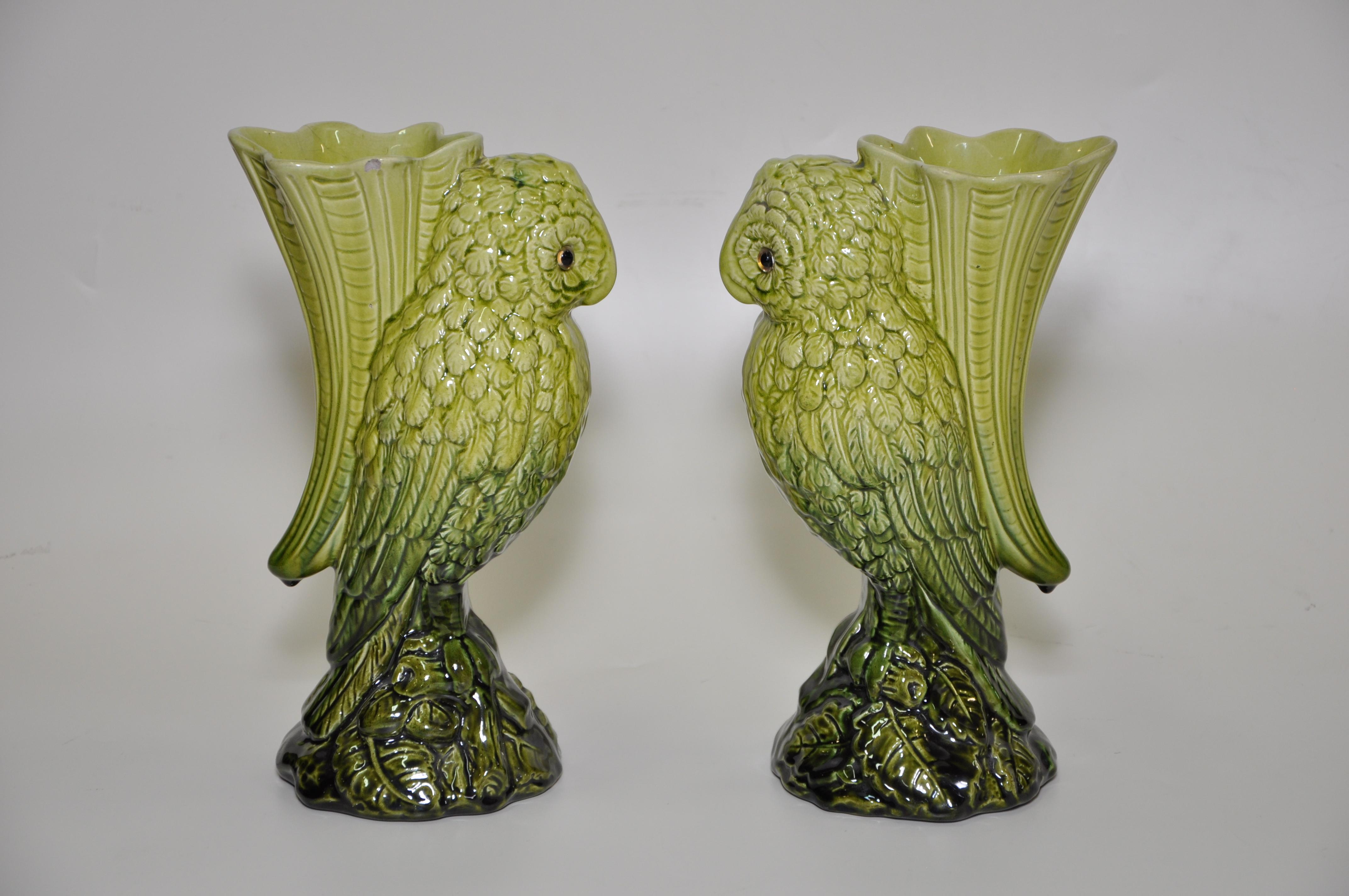 Pair of Victorian Pottery Vases English European circa 1900 Rare Ceramic Green In Fair Condition For Sale In Great Britain, Northern Ireland