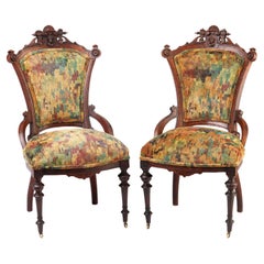 Pair of Victorian Renaissance Revival Portrait Chairs in Pierre Frey Velvet