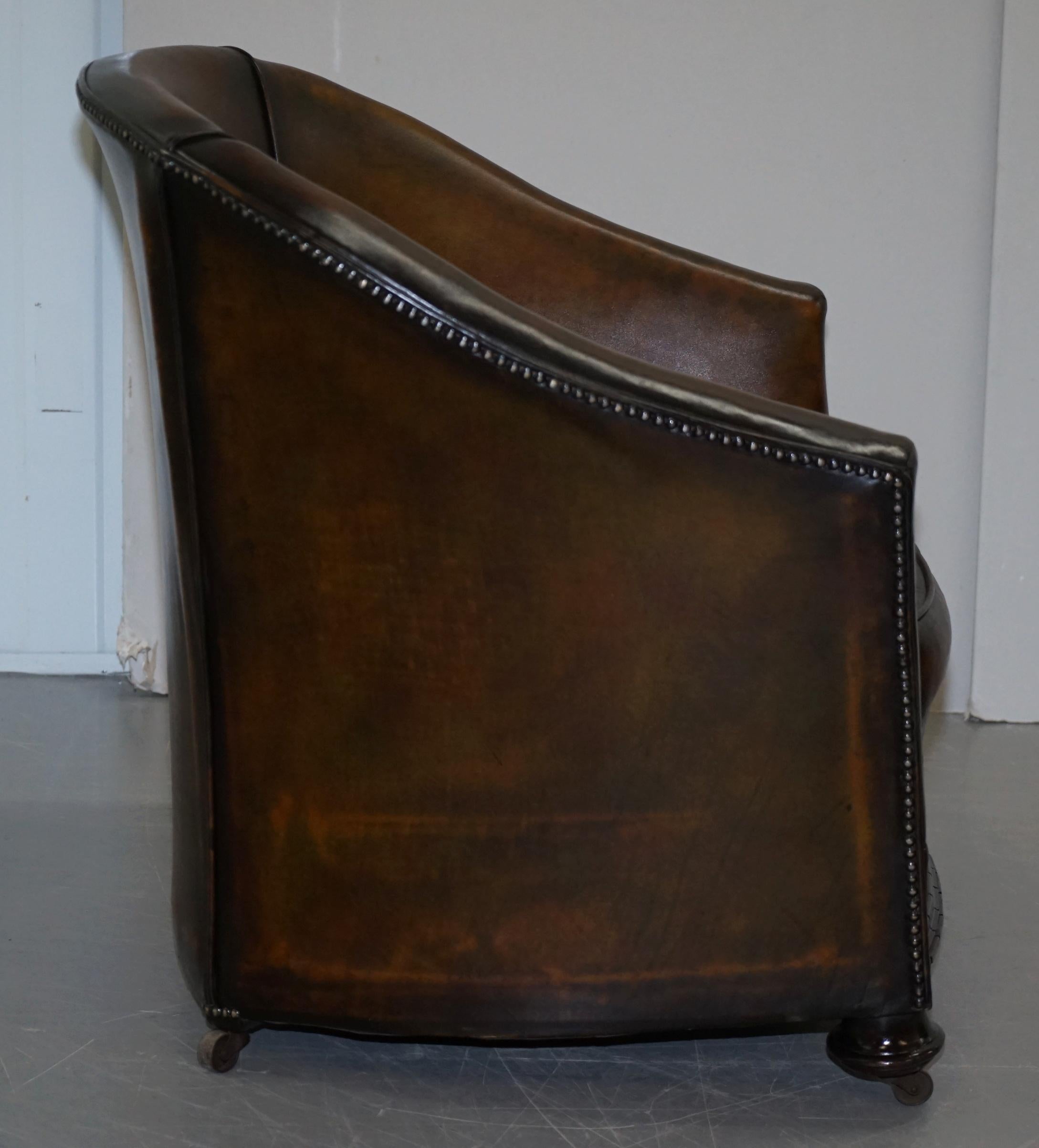 Pair of Victorian Restored Hand Dyed Brown Leather Chesterfield Tub Armchairs 5