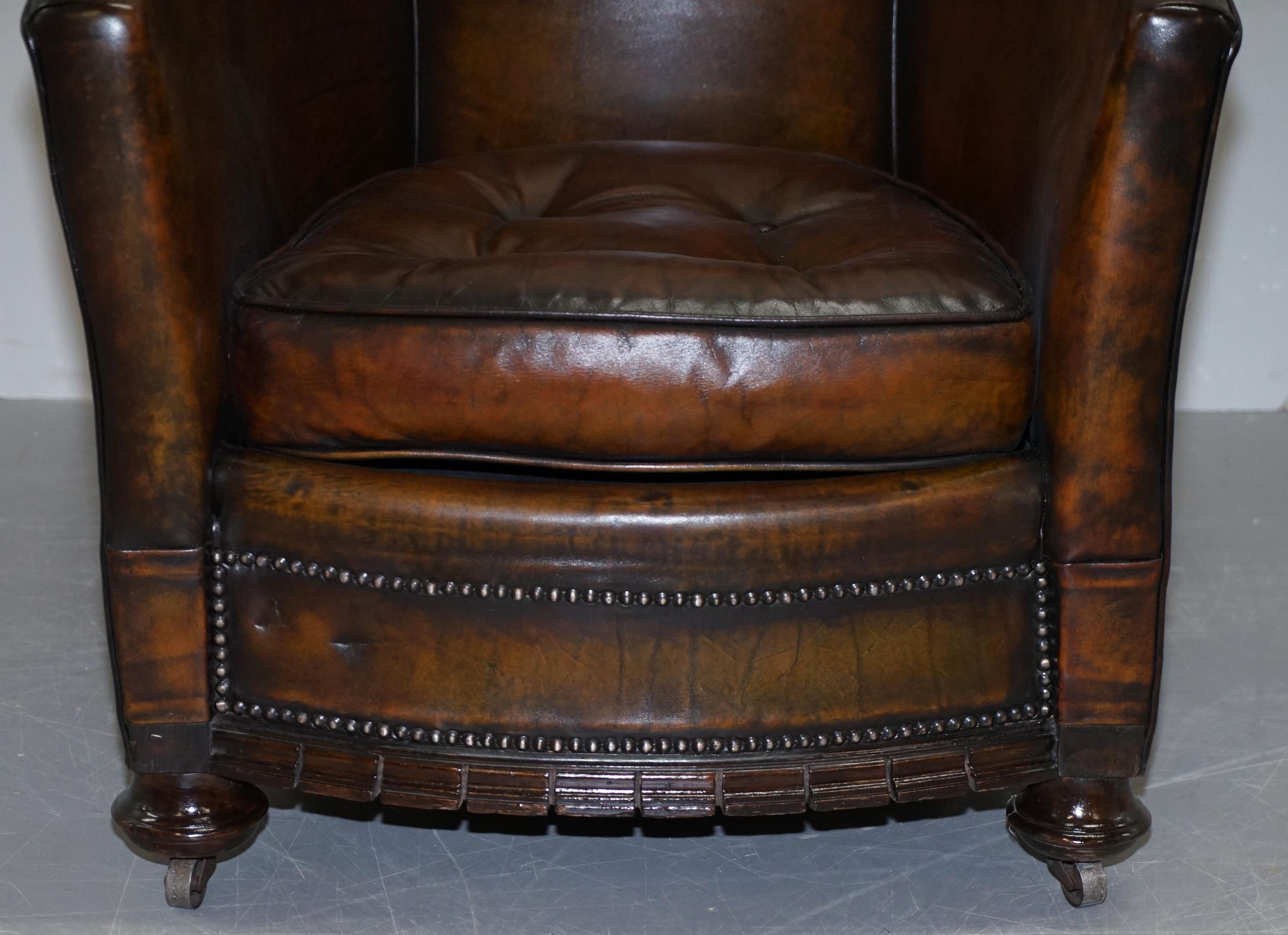 Pair of Victorian Restored Hand Dyed Brown Leather Chesterfield Tub Armchairs 11