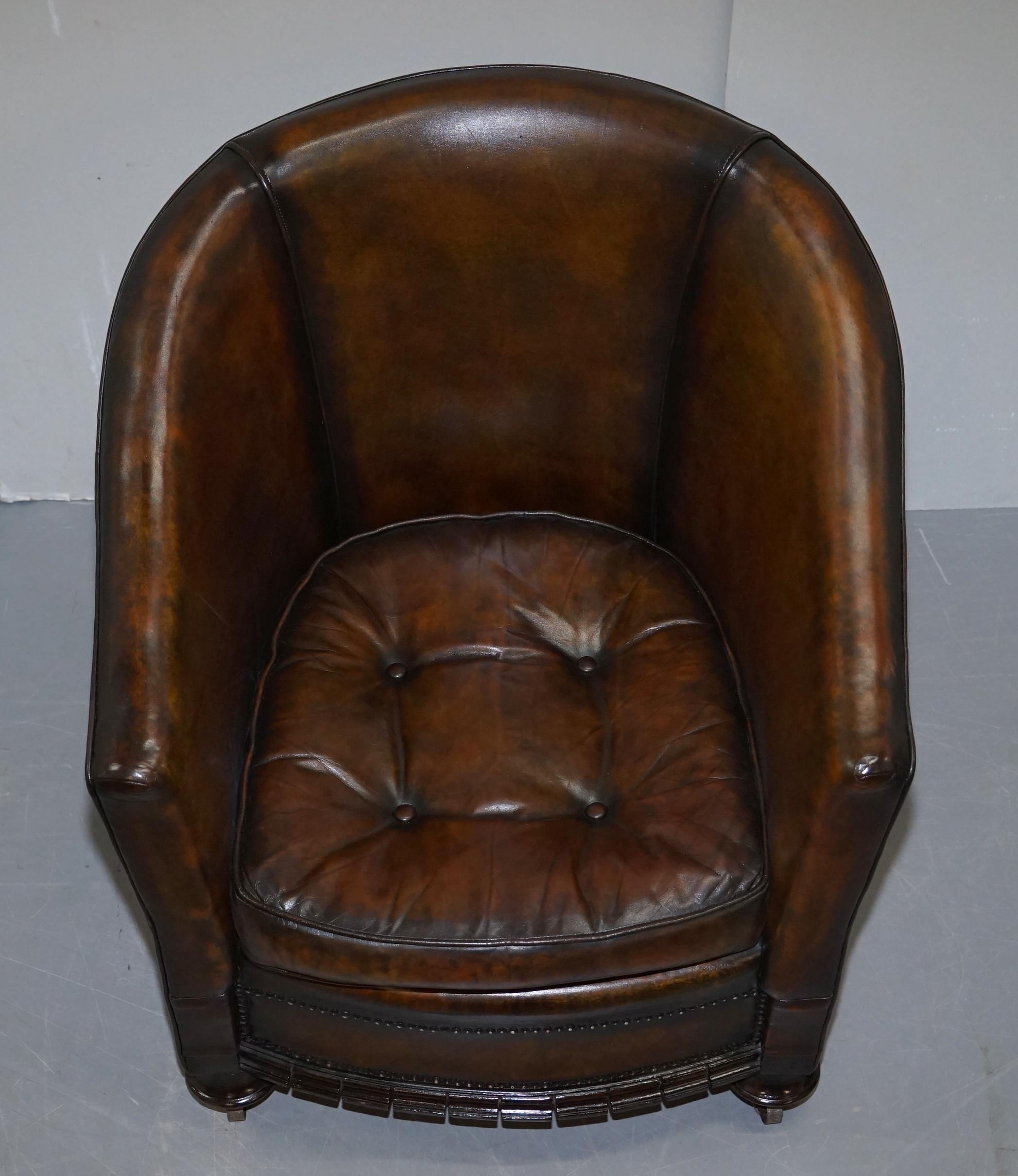 English Pair of Victorian Restored Hand Dyed Brown Leather Chesterfield Tub Armchairs
