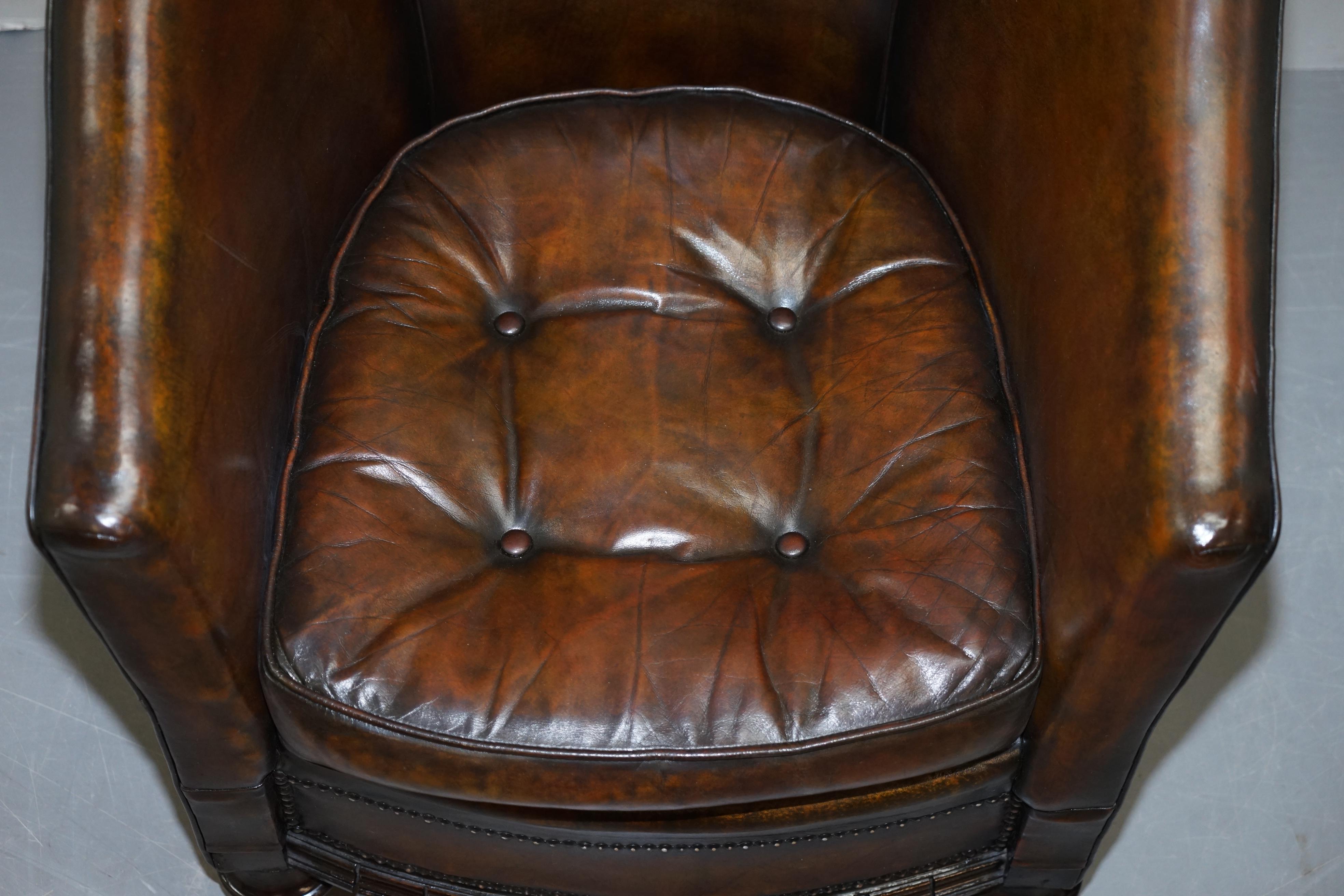 Hand-Crafted Pair of Victorian Restored Hand Dyed Brown Leather Chesterfield Tub Armchairs