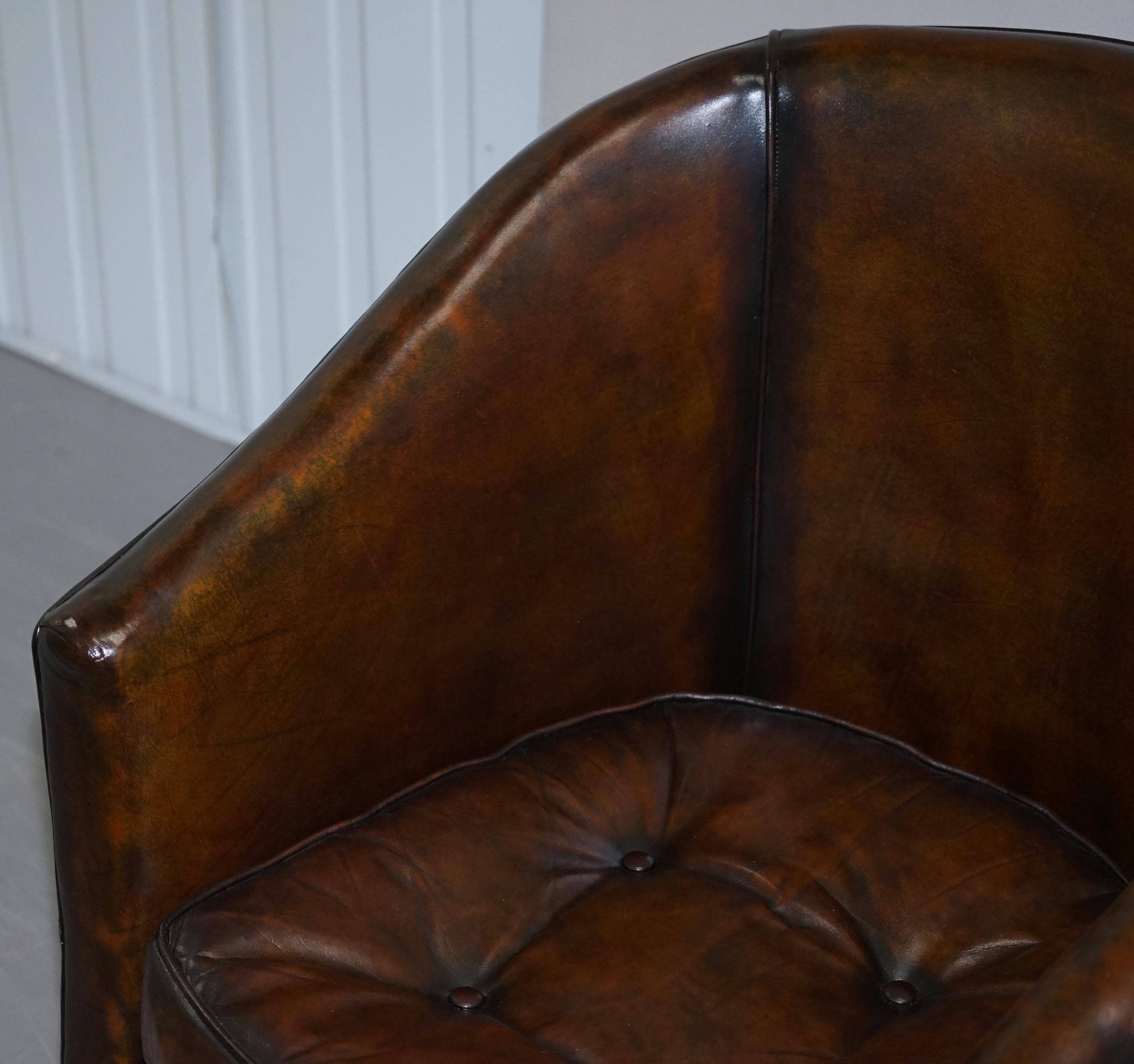 Late 19th Century Pair of Victorian Restored Hand Dyed Brown Leather Chesterfield Tub Armchairs