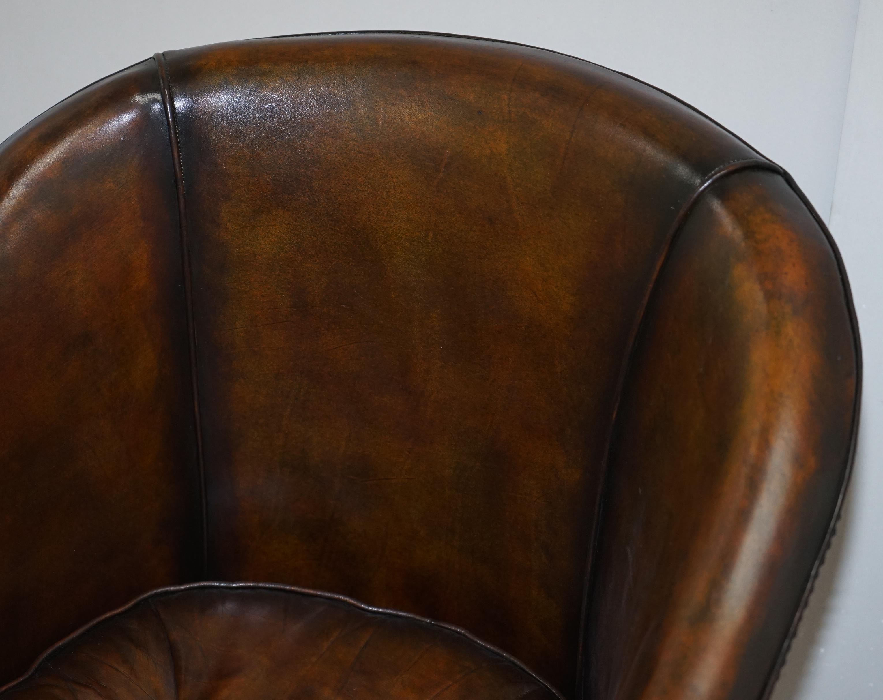 Pair of Victorian Restored Hand Dyed Brown Leather Chesterfield Tub Armchairs 1