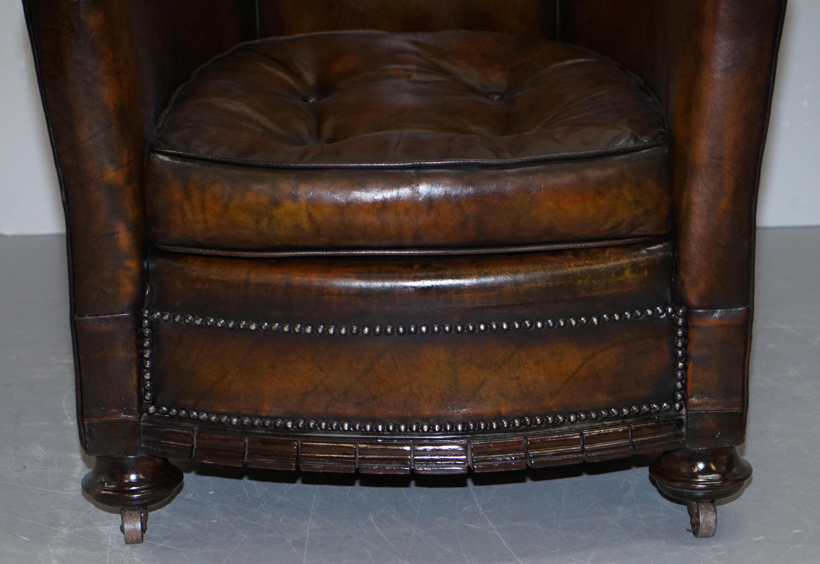 Pair of Victorian Restored Hand Dyed Brown Leather Chesterfield Tub Armchairs 3