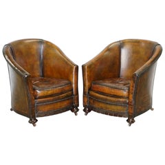 Pair of Victorian Restored Hand Dyed Brown Leather Chesterfield Tub Armchairs