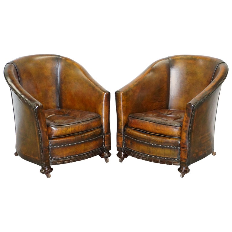 Pair of Victorian Restored Hand Dyed Brown Leather Chesterfield Tub ...