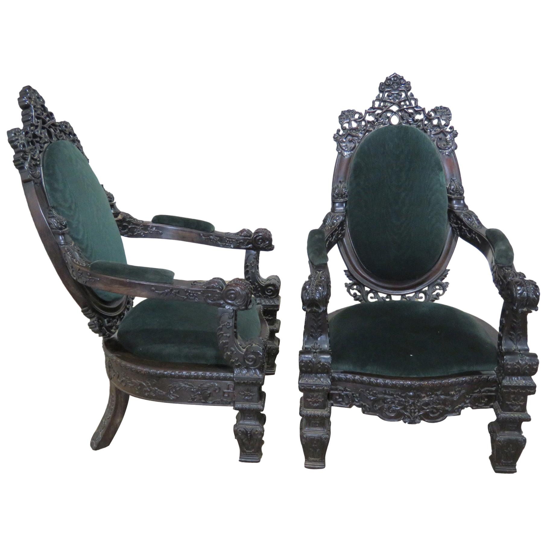 Pair of Heavily Carved Victorian Rosewood Armchairs