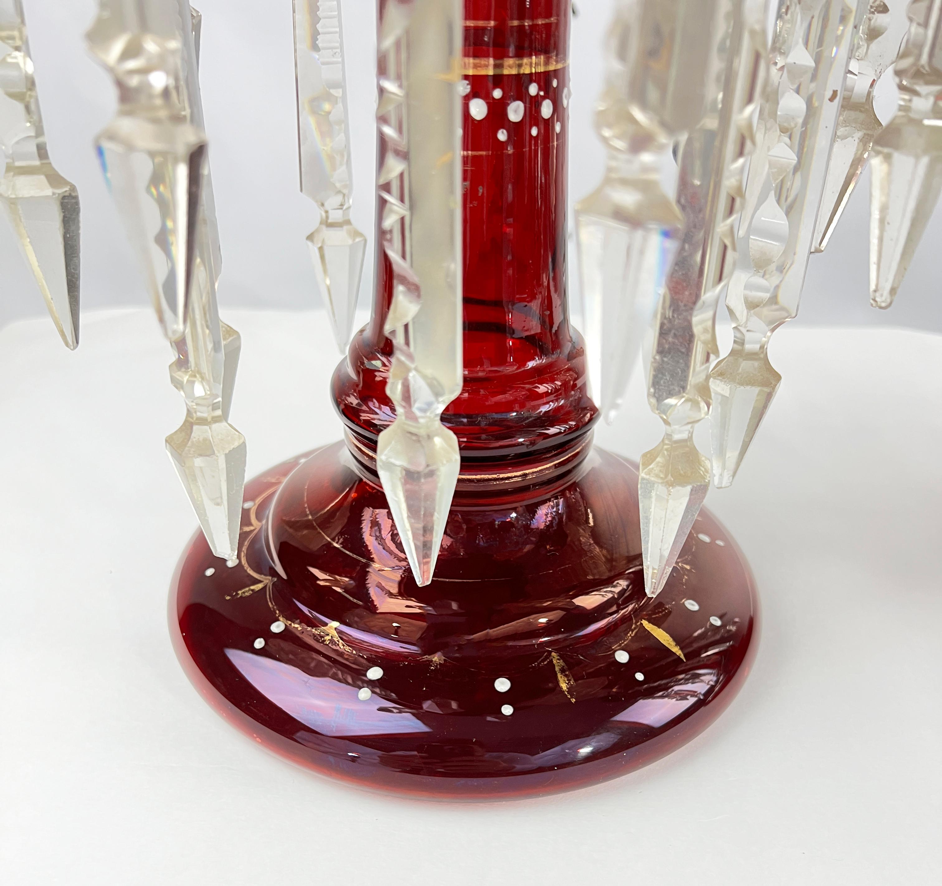 English Pair of Victorian Ruby Glass Lusters with Cut-Glass Drops