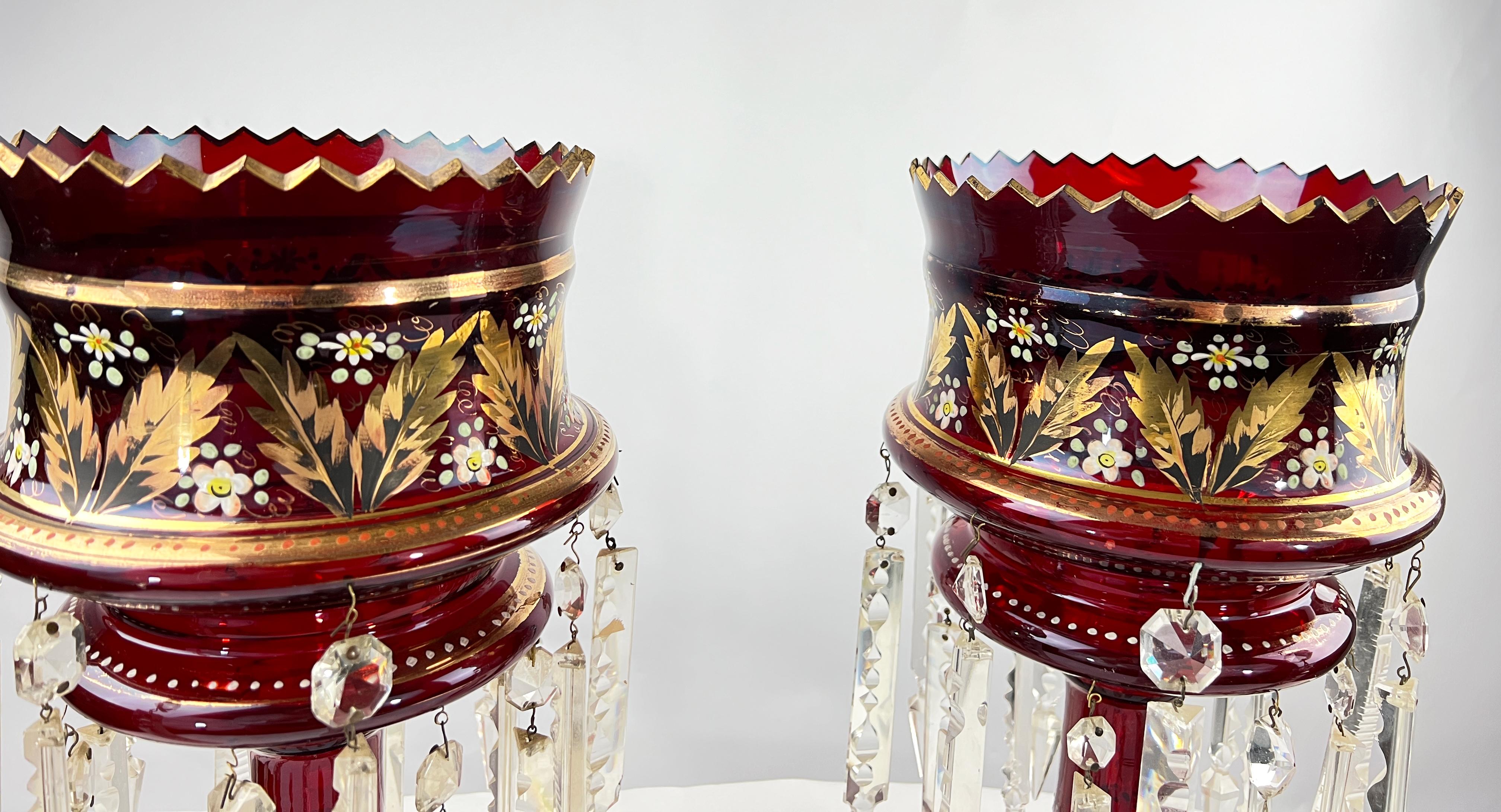 Pair of Victorian Ruby Glass Lusters with Cut-Glass Drops In Good Condition In London, GB