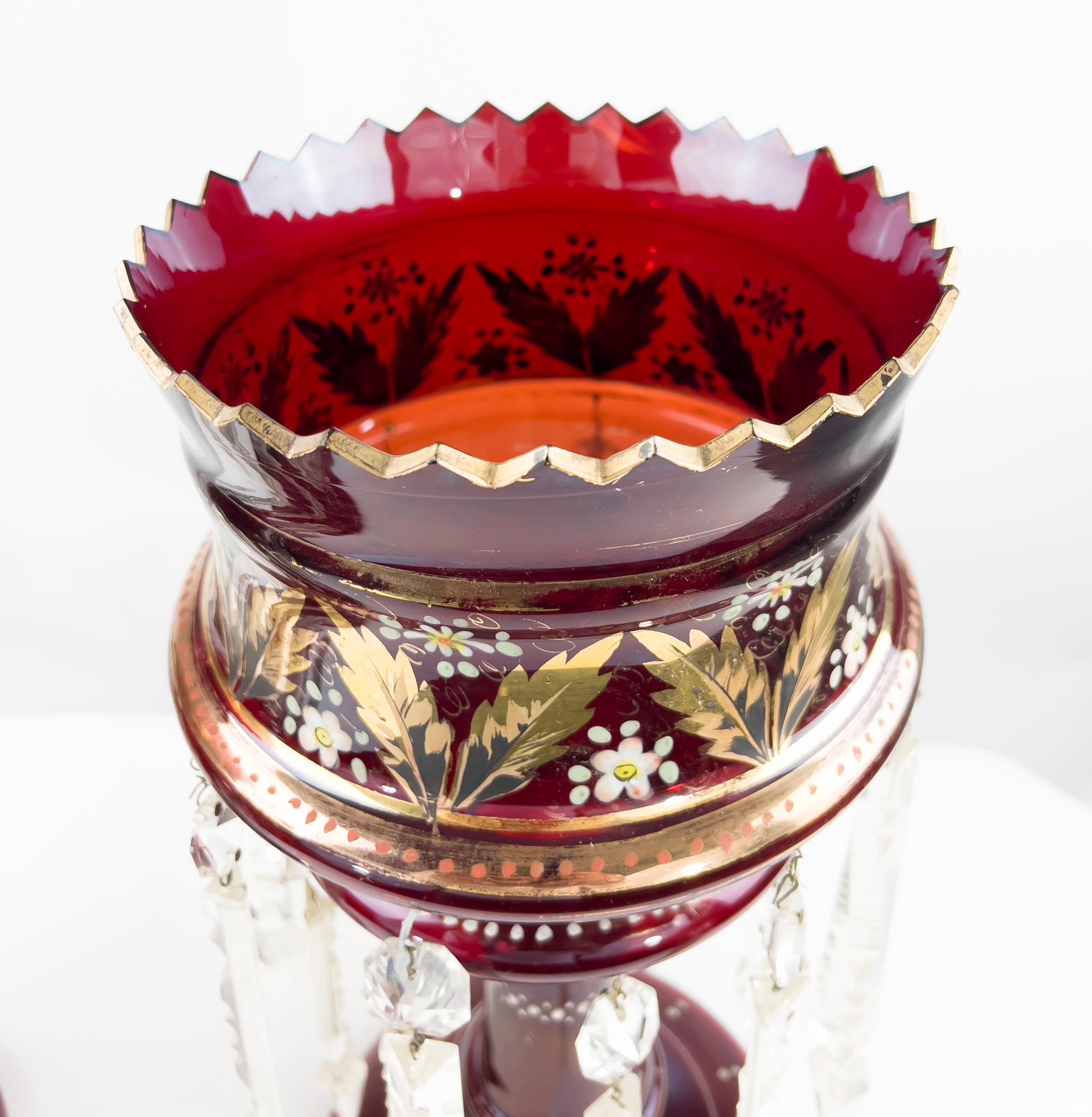 19th Century Pair of Victorian Ruby Glass Lusters with Cut-Glass Drops