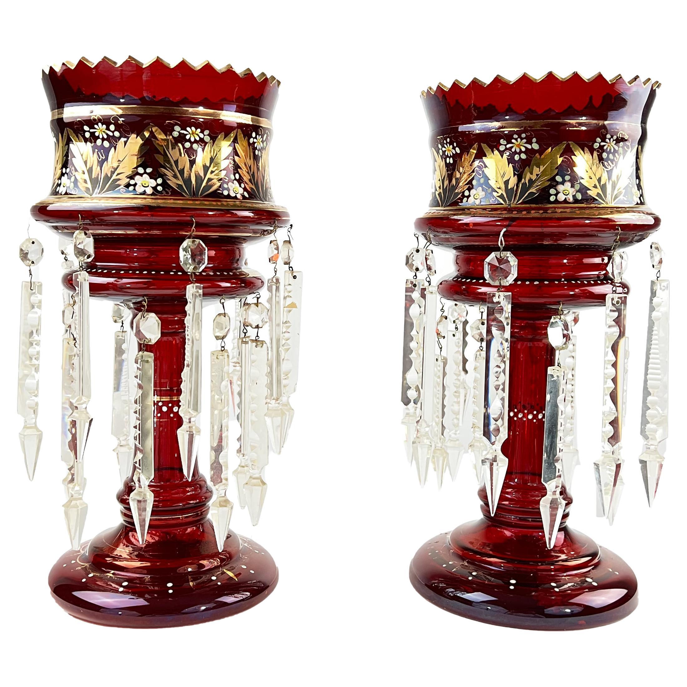 Pair of Victorian Ruby Glass Lusters with Cut-Glass Drops