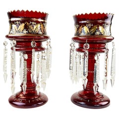 Antique Pair of Victorian Ruby Glass Lusters with Cut-Glass Drops