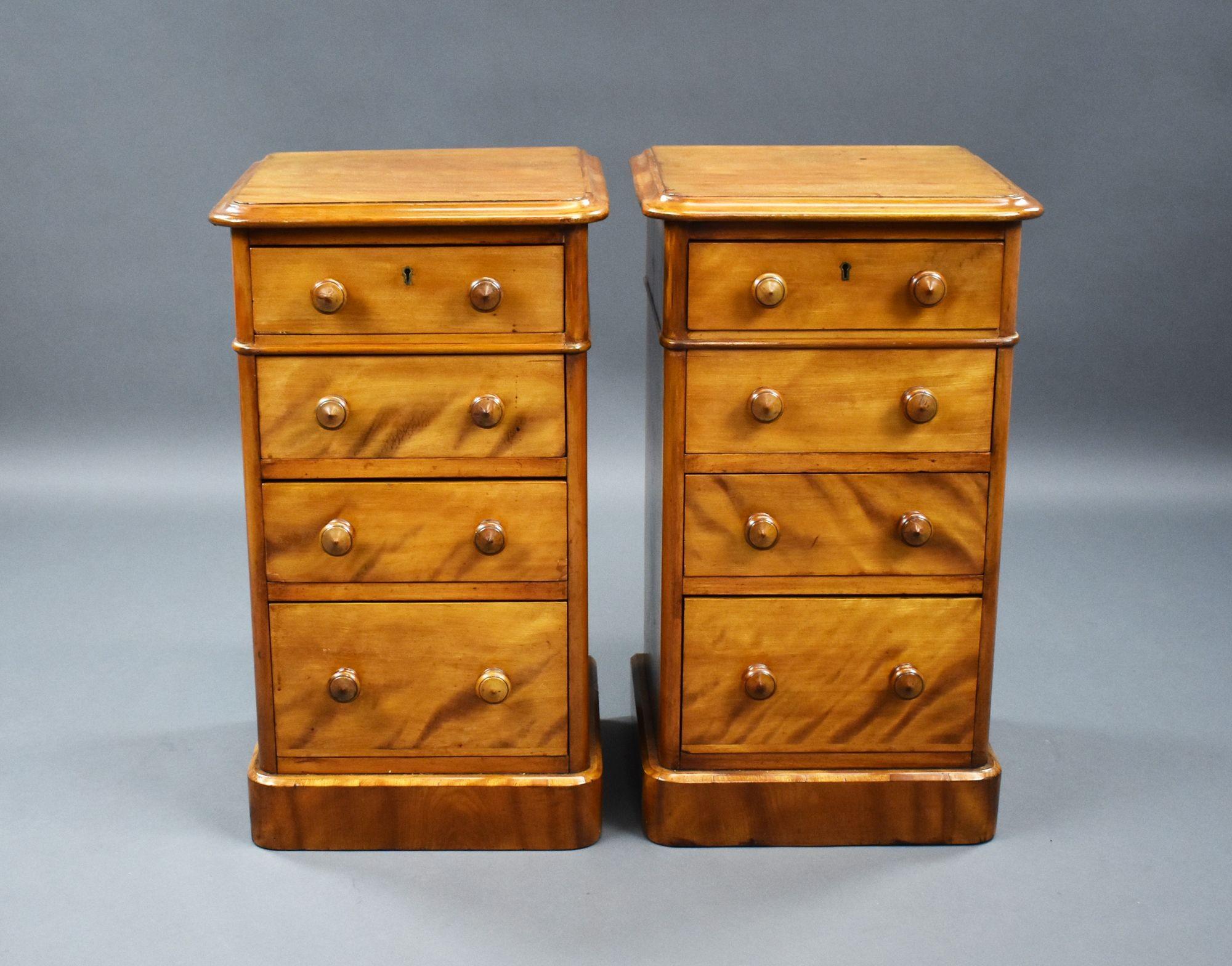 For sale is a good quality pair of Victorian satin walnut bedside chests by H Goodall of Newcastle. Each chest has an arrangement of four graduated drawers, each with original turned handles, standing on plinth bases. Both chests are in very good