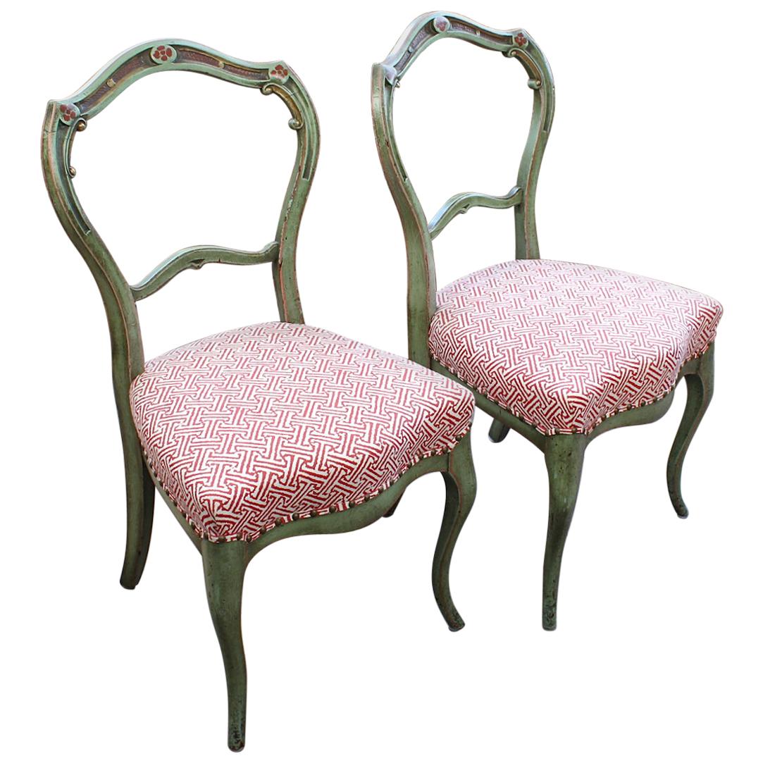 Pair of Victorian Side Chairs with Green Paint and Red/ White Upholstered Seats