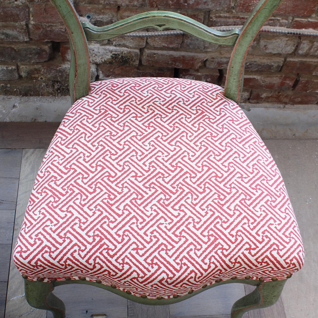 Upholstery Pair of Victorian Side Chairs with Green Paint and Red/ White Upholstered Seats For Sale