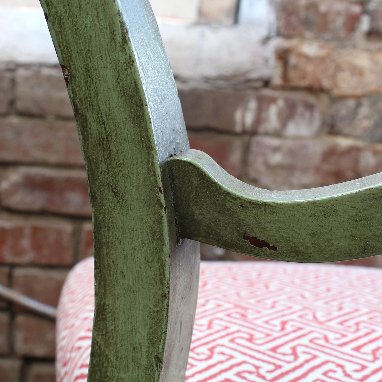 Pair of Victorian Side Chairs with Green Paint and Red/ White Upholstered Seats For Sale 7