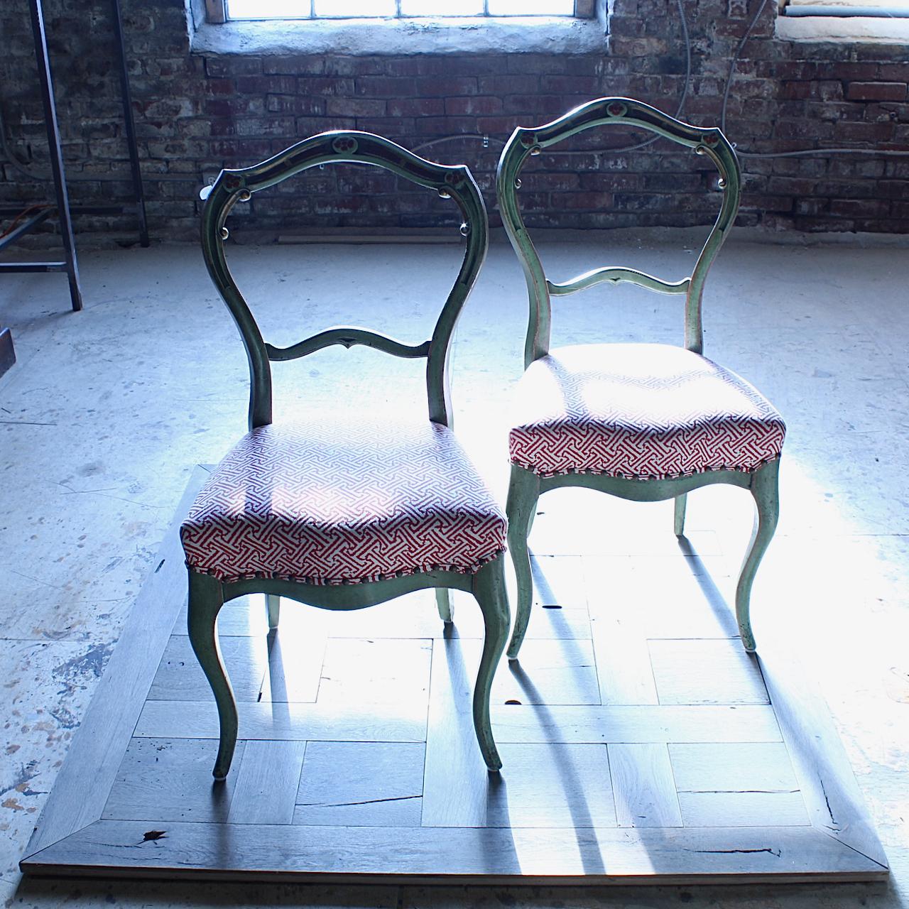 Pair of Victorian Side Chairs with Green Paint and Red/ White Upholstered Seats For Sale 8