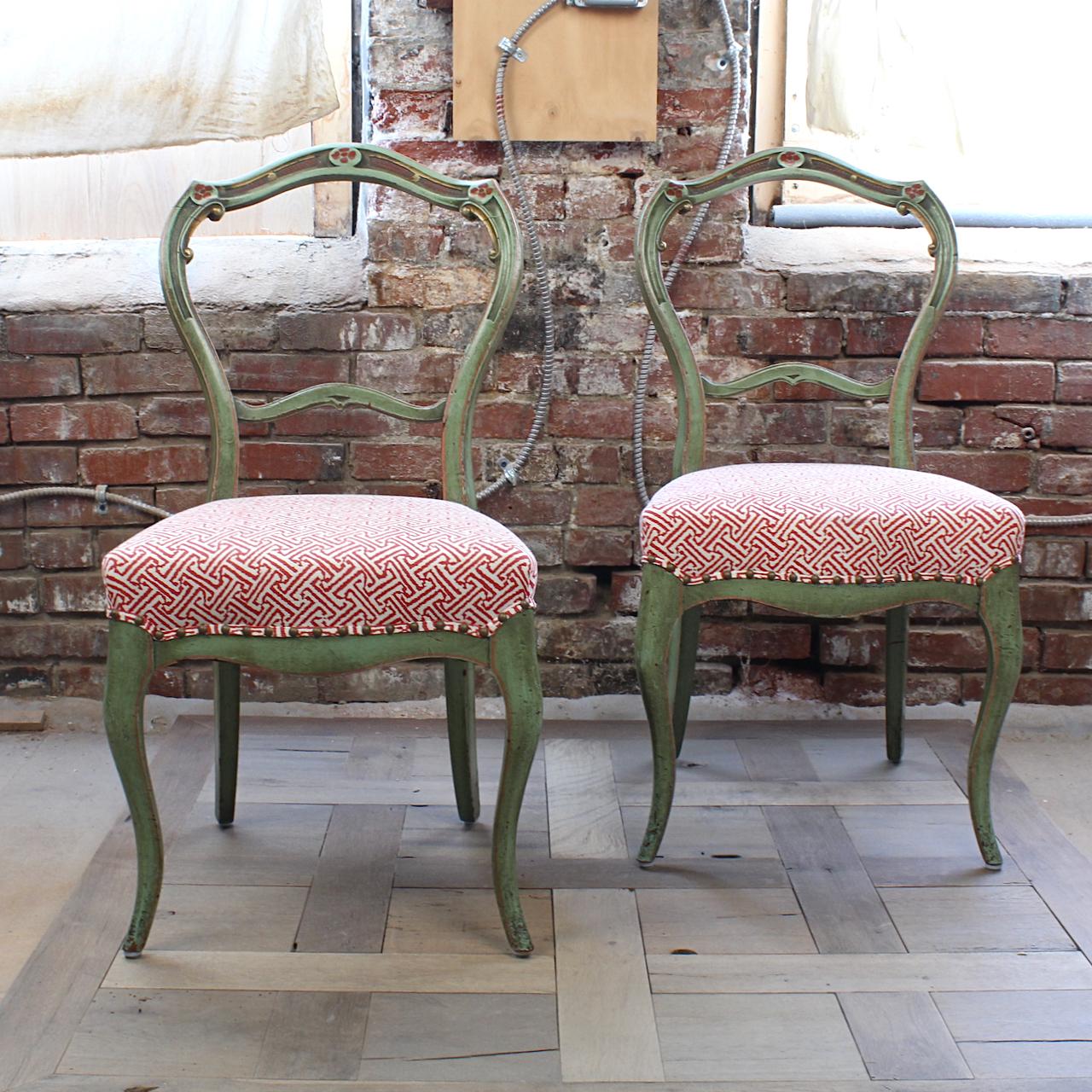 American Pair of Victorian Side Chairs with Green Paint and Red/ White Upholstered Seats For Sale