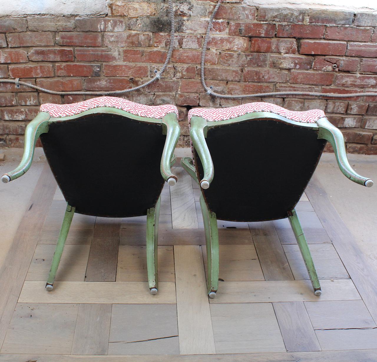 19th Century Pair of Victorian Side Chairs with Green Paint and Red/ White Upholstered Seats For Sale