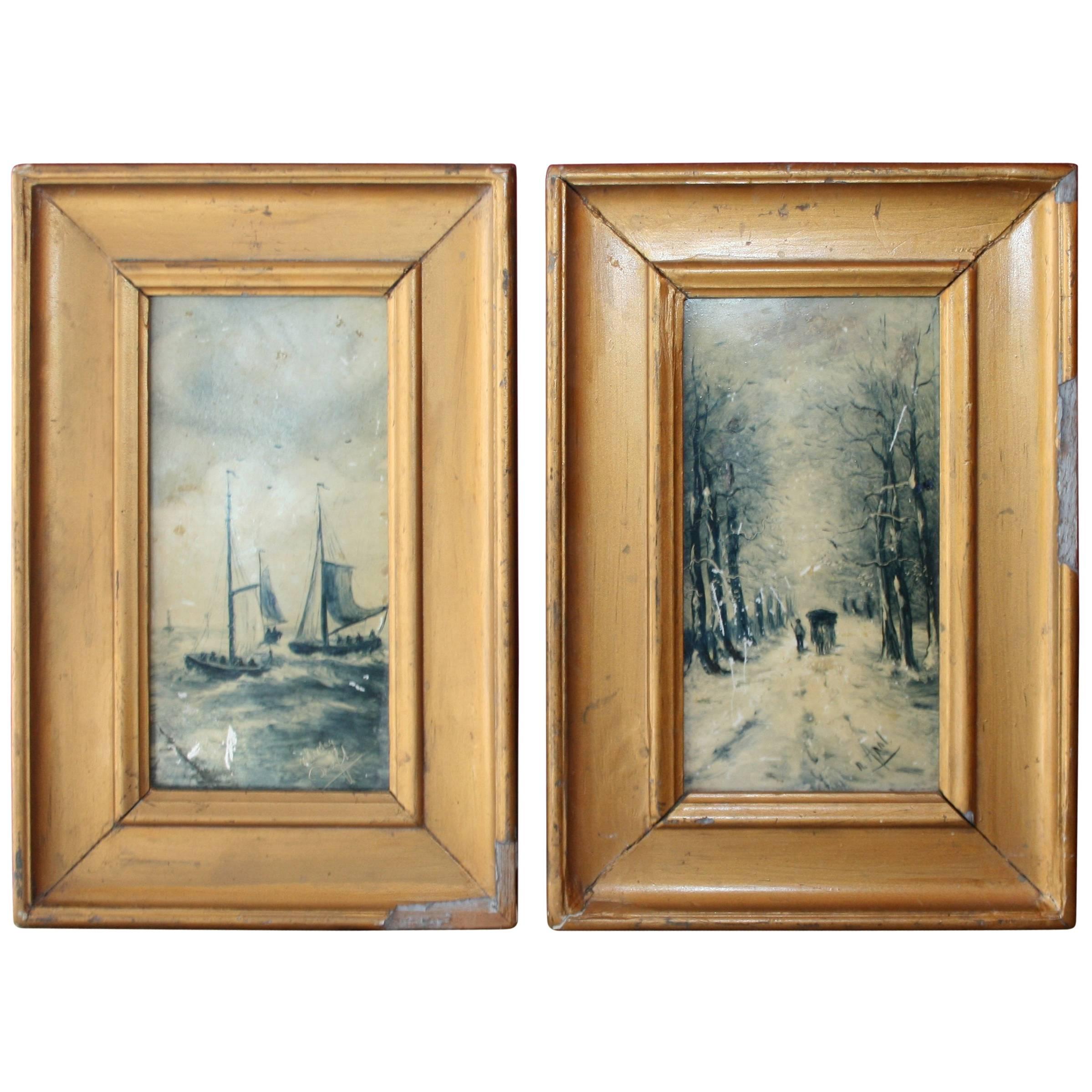 Pair of Victorian Signed Hand-Painted Delft Blue and White Tiles