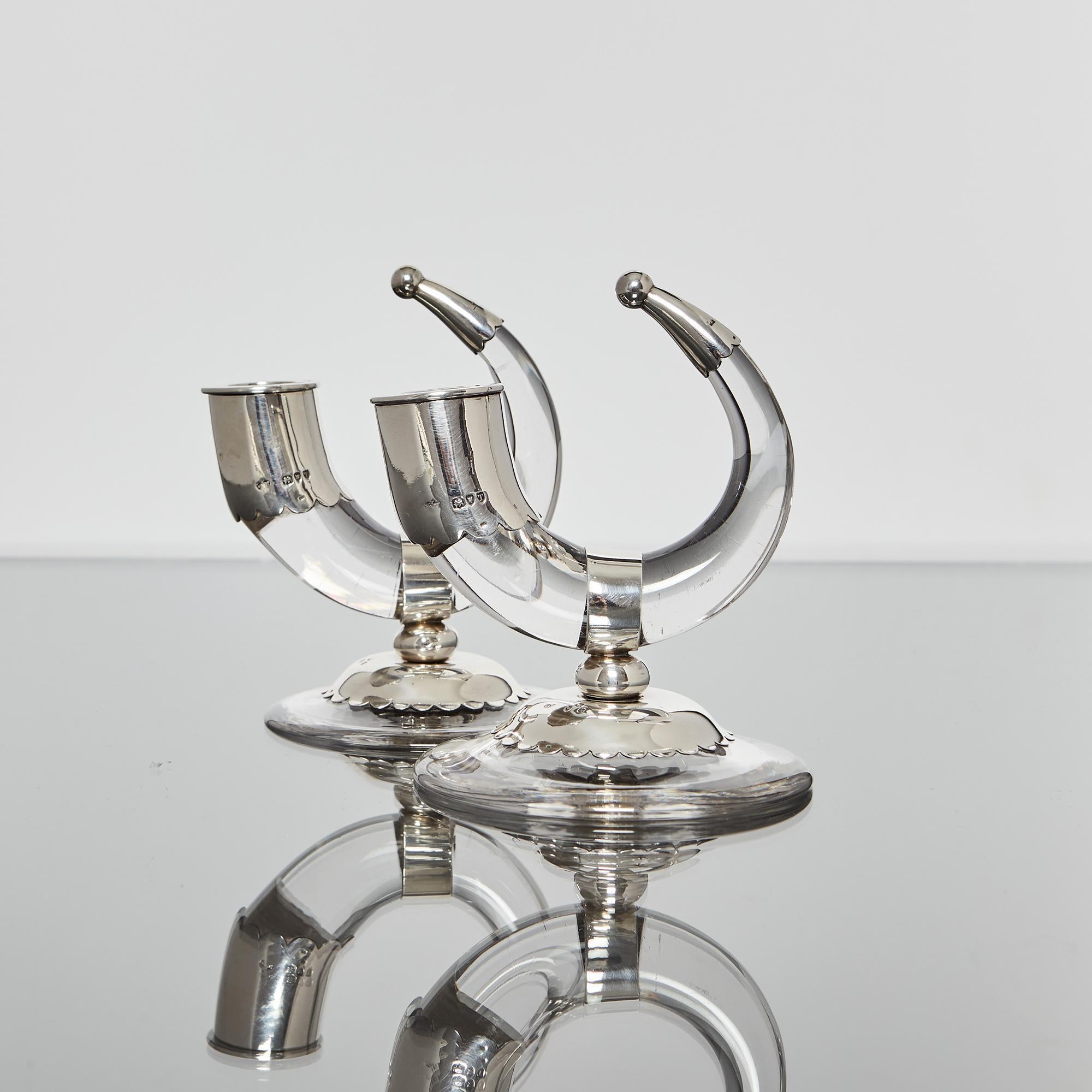 Pair of Victorian Silver and Crystal Horn-Shaped Candlesticks For Sale 2