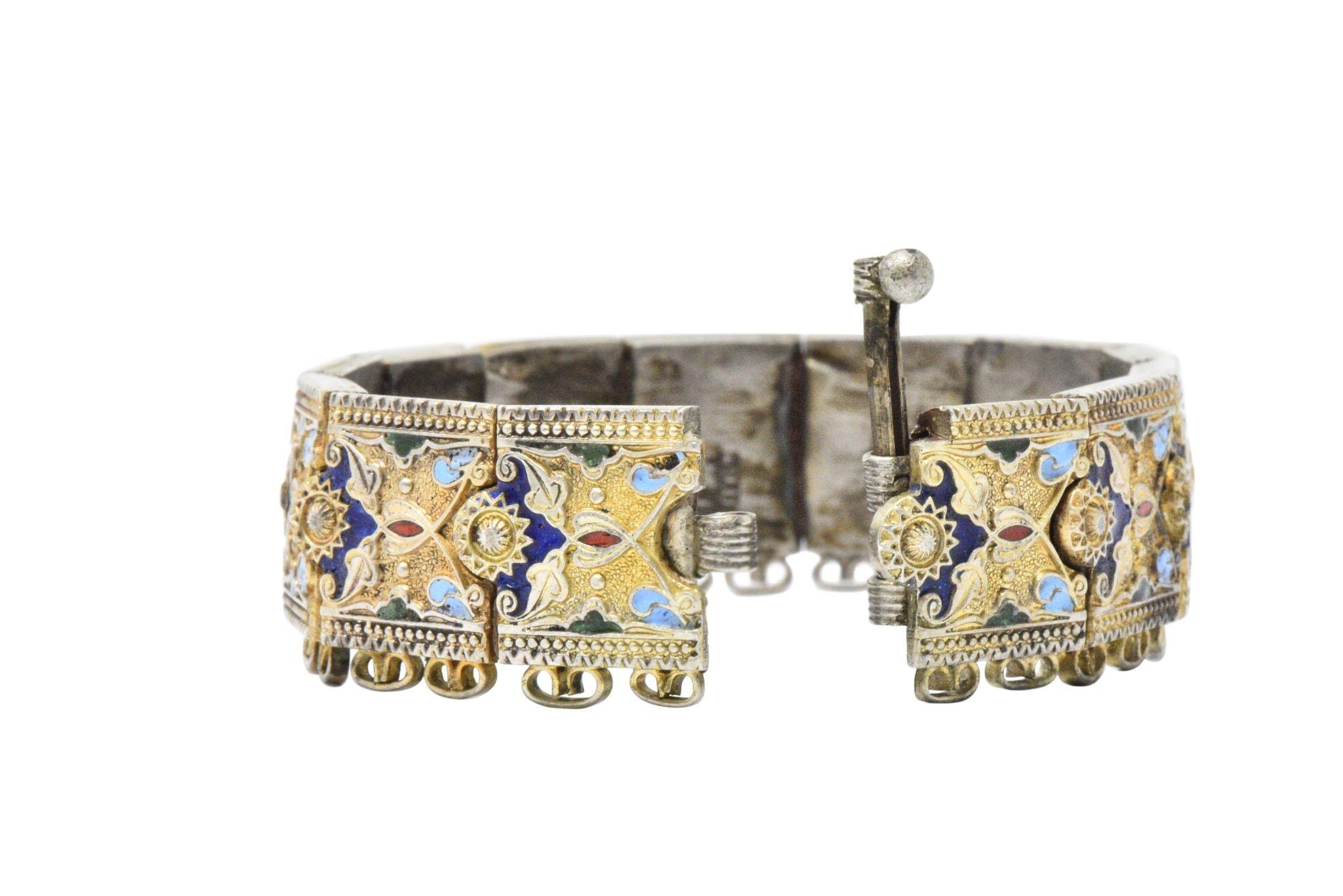 Pair of Victorian Silver Cloisonné Enamel Russian Bracelets In Excellent Condition In Philadelphia, PA