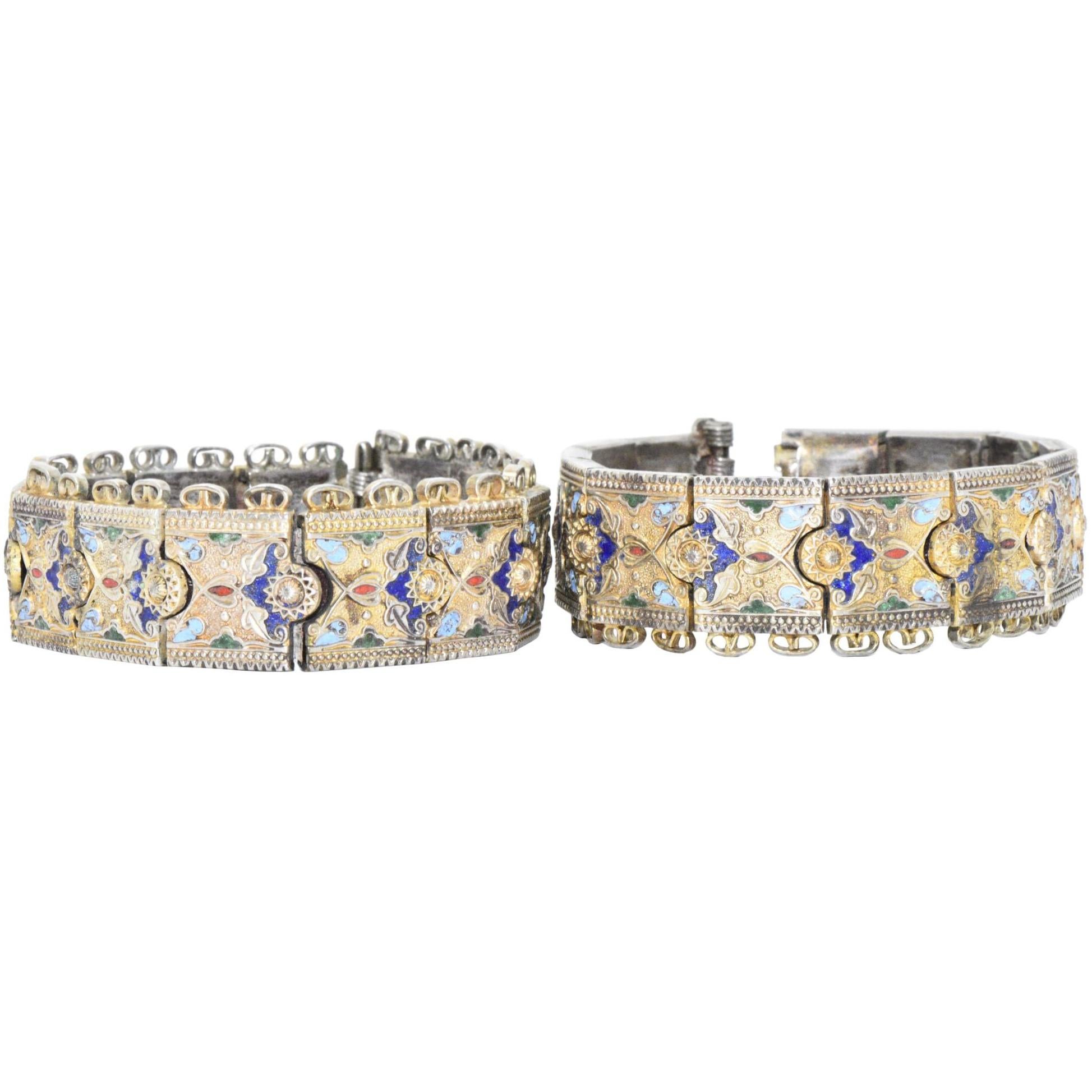 Pair of Victorian Silver Cloisonné Enamel Russian Bracelets