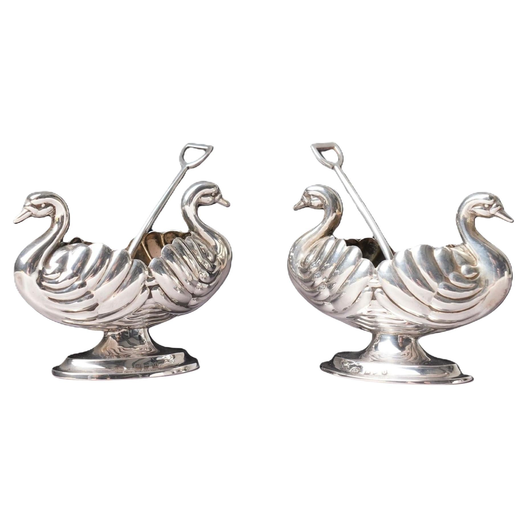 Pair of Victorian silver double headed Swan shape table salts/ salt dishes