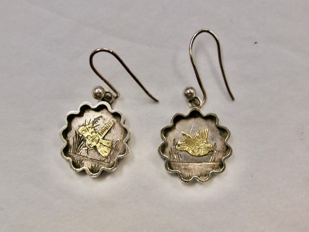 Women's Pair of Victorian Silver Earrings with Applied Gold-Work Dated Circa 1880 For Sale