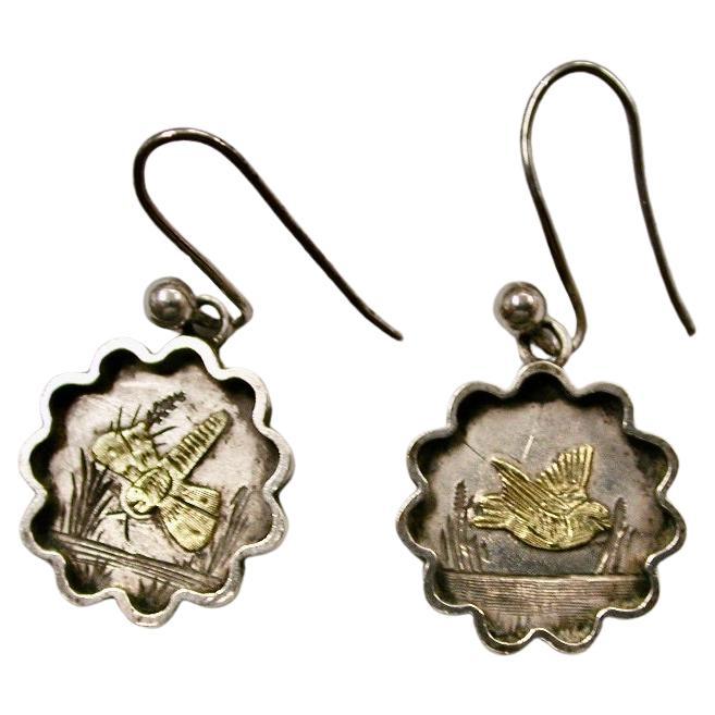 Pair of Victorian Silver Earrings with Applied Gold-Work Dated Circa 1880 For Sale