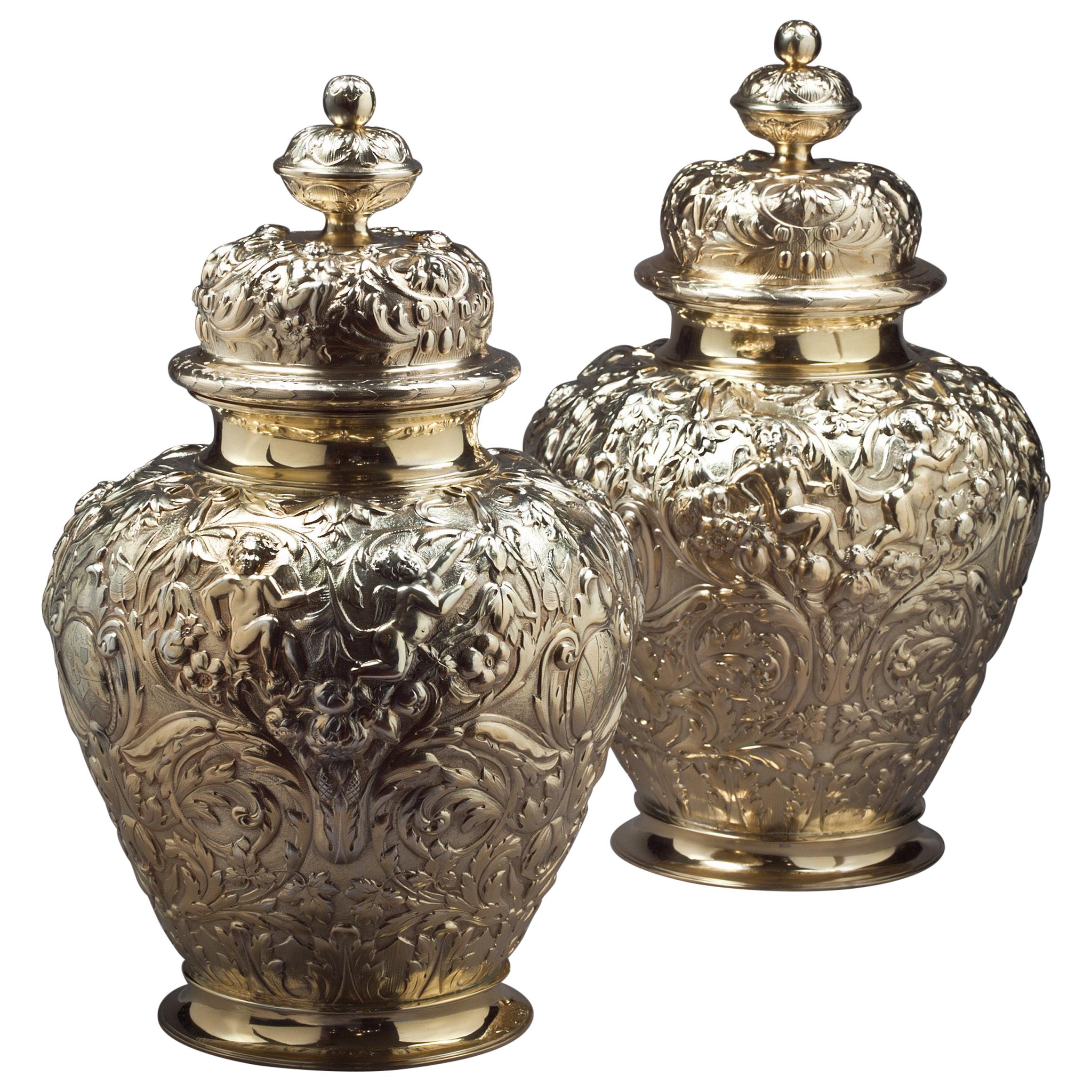 Pair of Victorian Silver Gilt Covered Ginger Jars For Sale