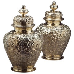 Antique Pair of Victorian Silver Gilt Covered Ginger Jars