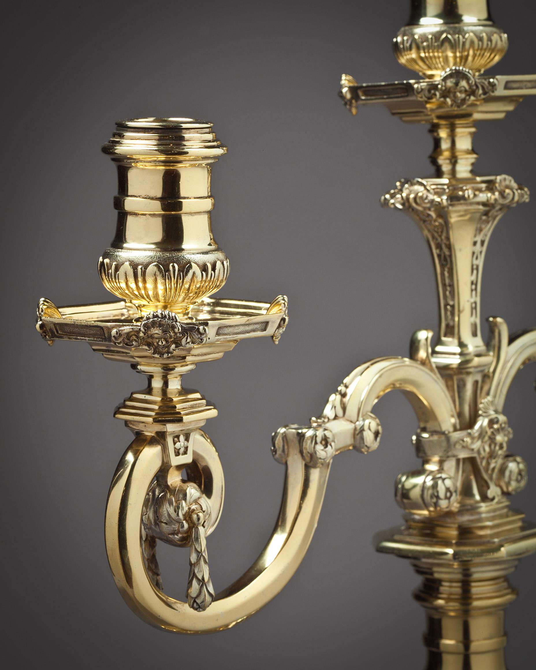English Pair of Victorian Silver Gilt Three-Light Candelabra For Sale