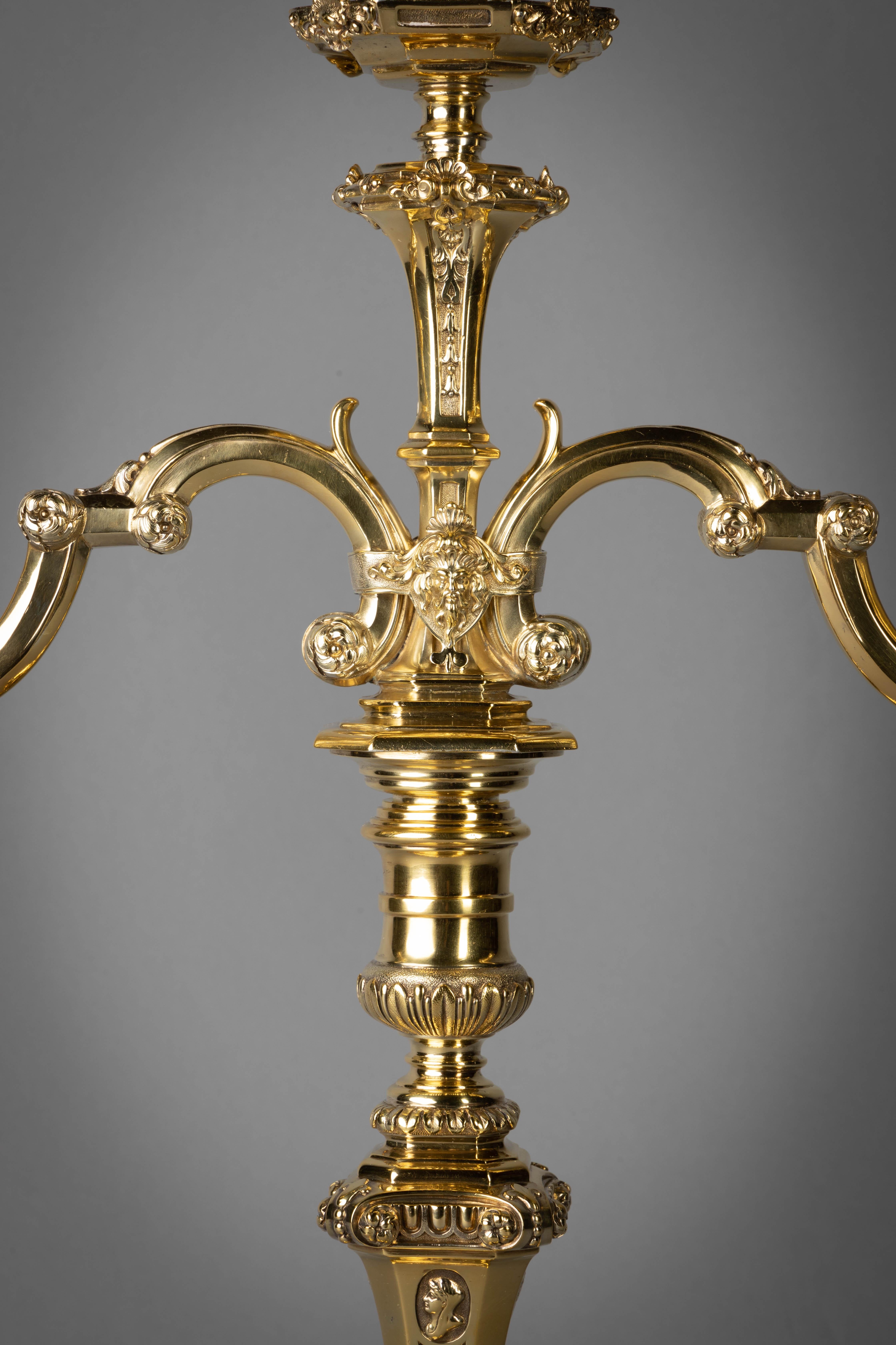 Pair of Victorian Silver Gilt Three-Light Candelabra In Excellent Condition For Sale In New York, NY