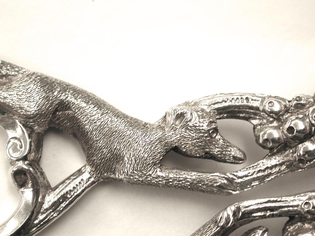 English Pair of Victorian Silver Grape Shears Cast with Fox and Grapes, Sheffield, 1897