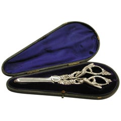 Pair of Victorian Silver Grape Shears Cast with Fox and Grapes, Sheffield, 1897
