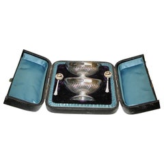 Pair of Victorian Silver Half Fluted Salt Cellars and Spoons 1893 Charles Boyton
