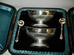 Pair of Victorian Silver Half Fluted Salt Cellars and Spoons 1893 Charles Boyton