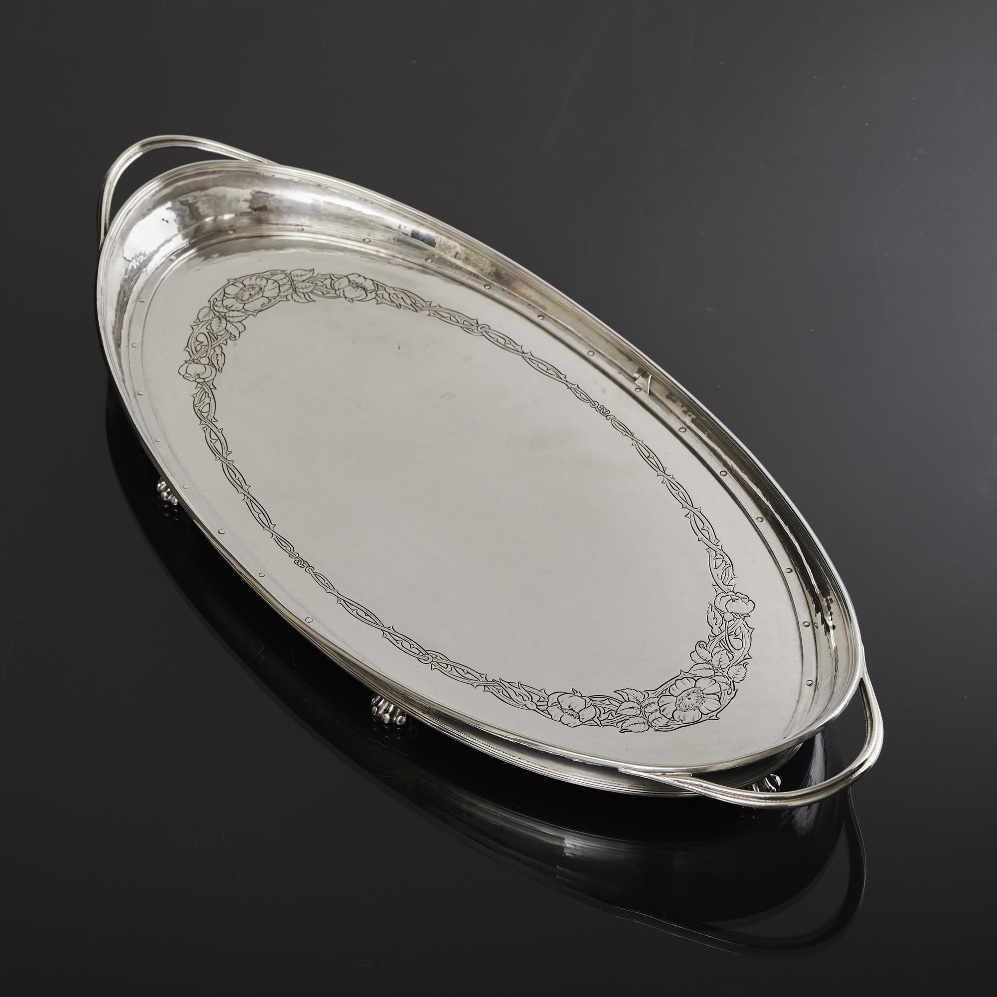 Art Deco Two-handled navette-shaped silver serving tray For Sale