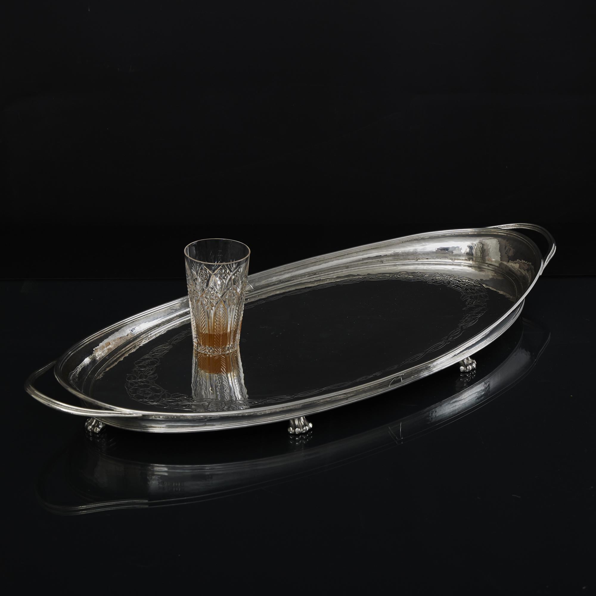 Mid-20th Century Two-handled navette-shaped silver serving tray For Sale