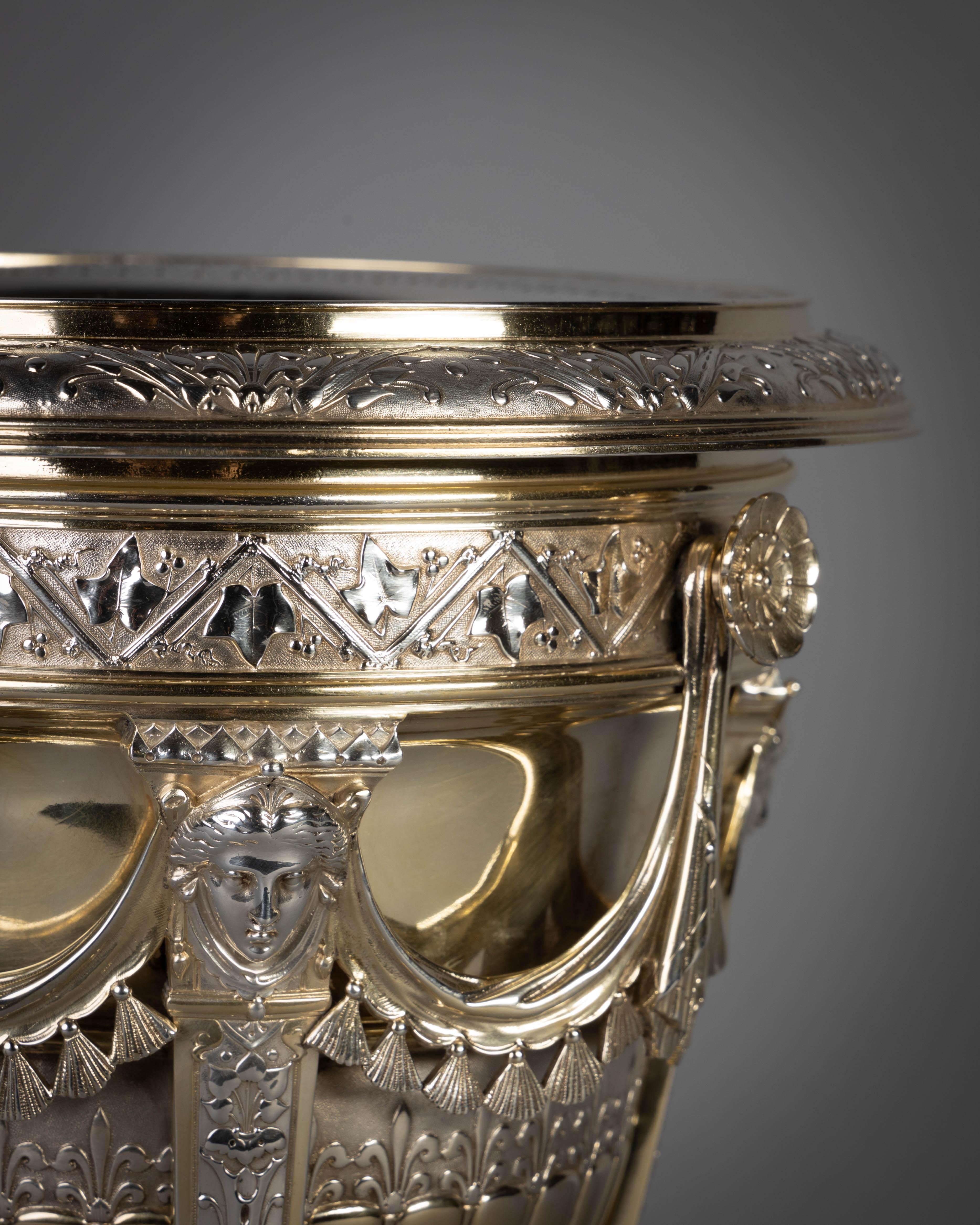 English Pair of Victorian Silver Parcel Gilt Wine Coolers For Sale