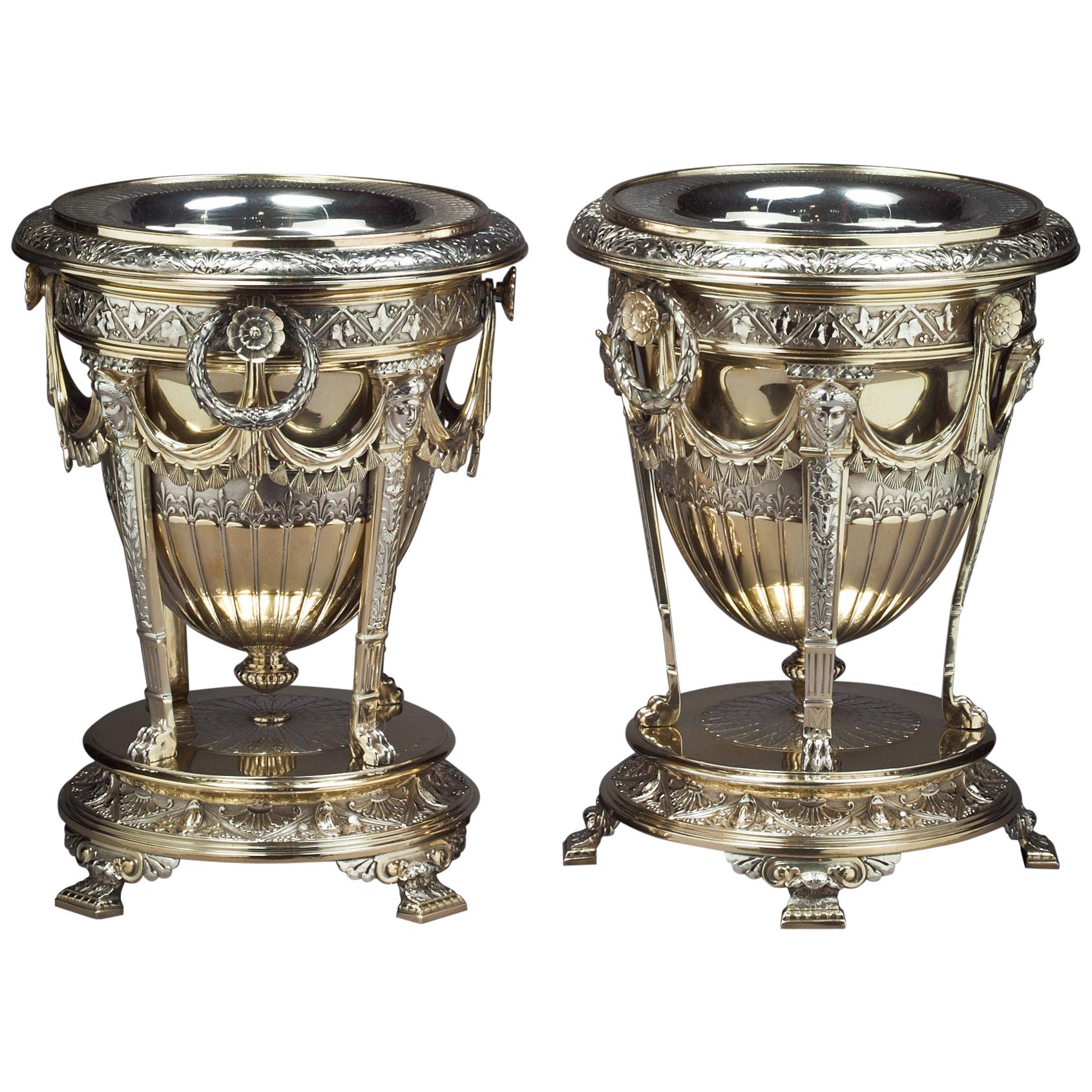 Pair of Victorian Silver Parcel Gilt Wine Coolers For Sale